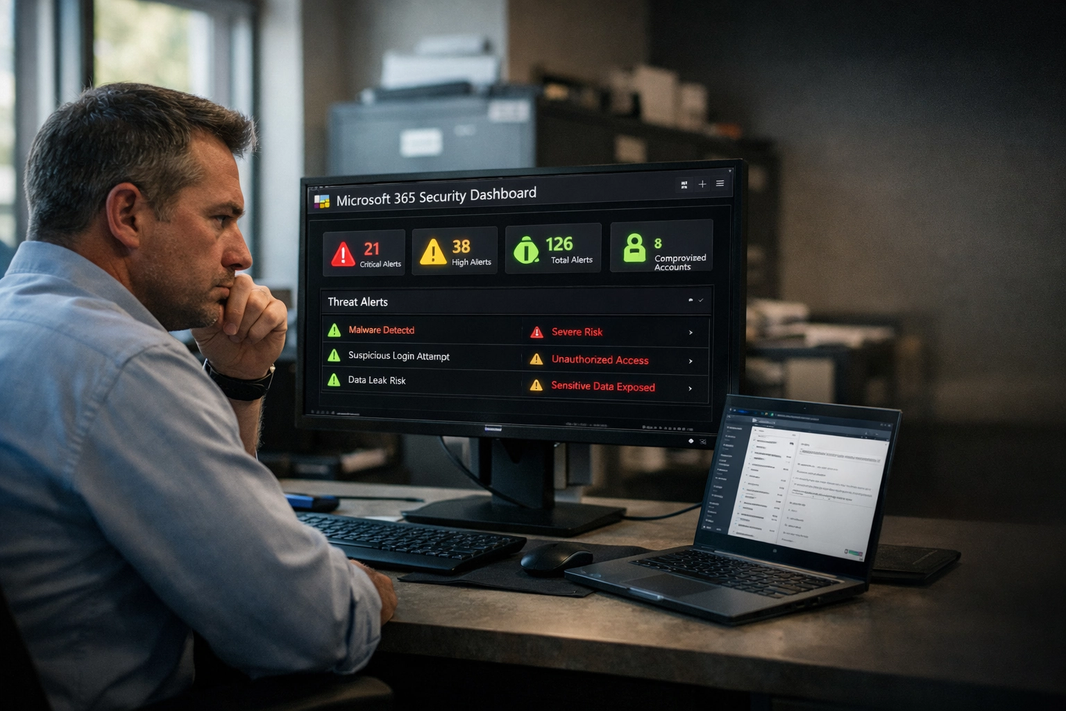 Nebraska business owner reviewing Microsoft 365 security alerts and dashboard in Lincoln office