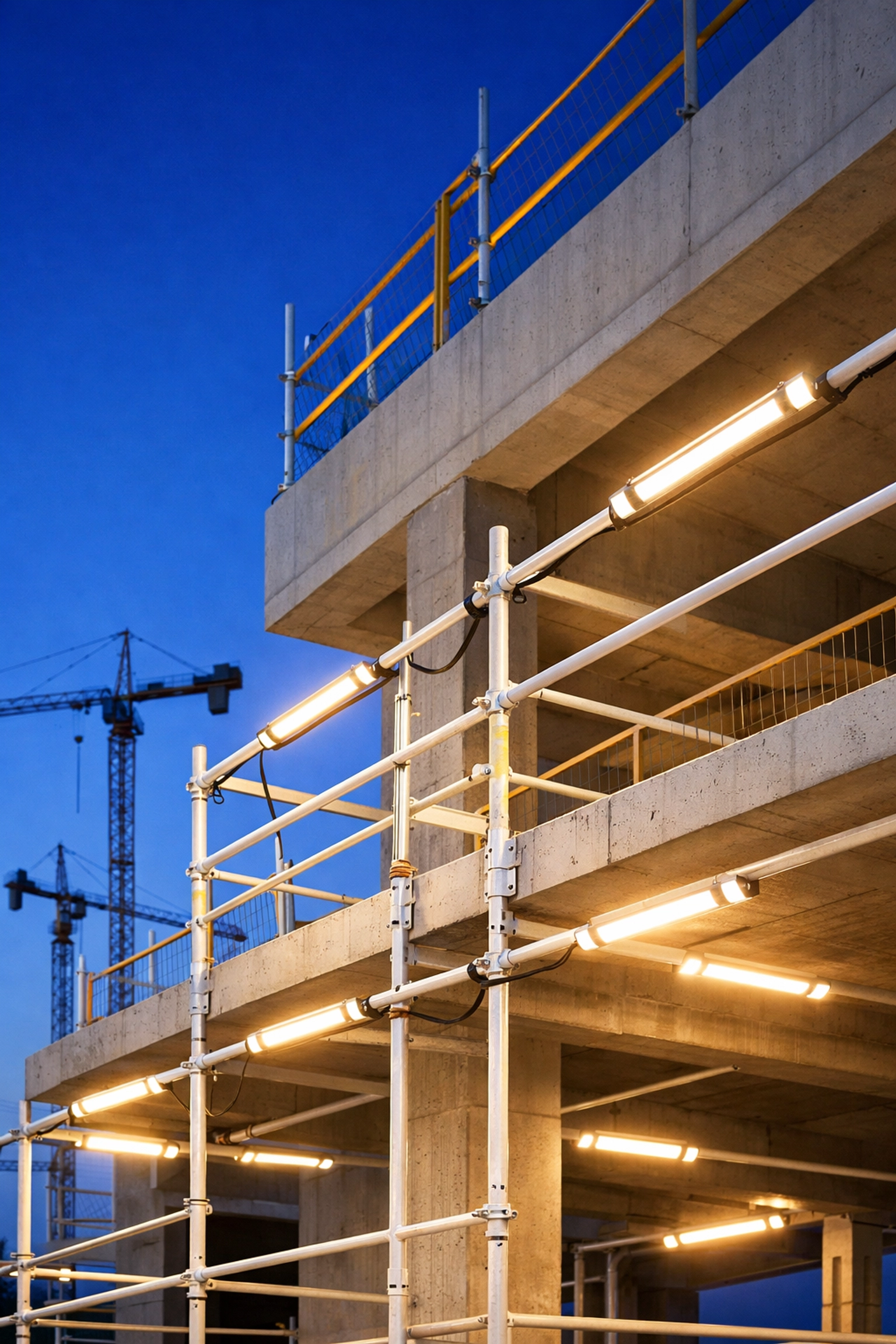 24V temporary lighting illuminating construction site scaffolding at dusk