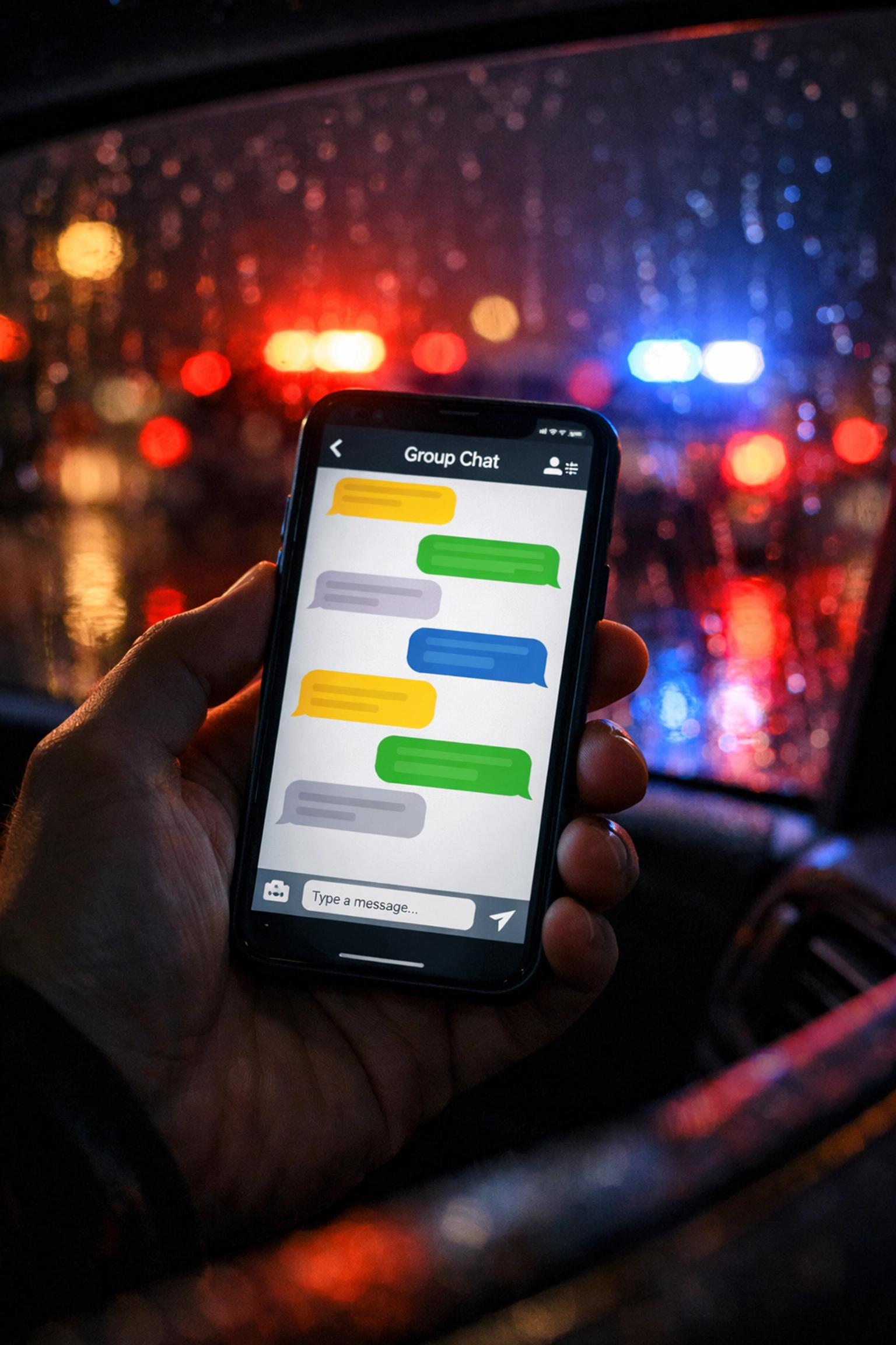 Smartphone showing group chat during a Houston DWI arrest with police lights in the background.