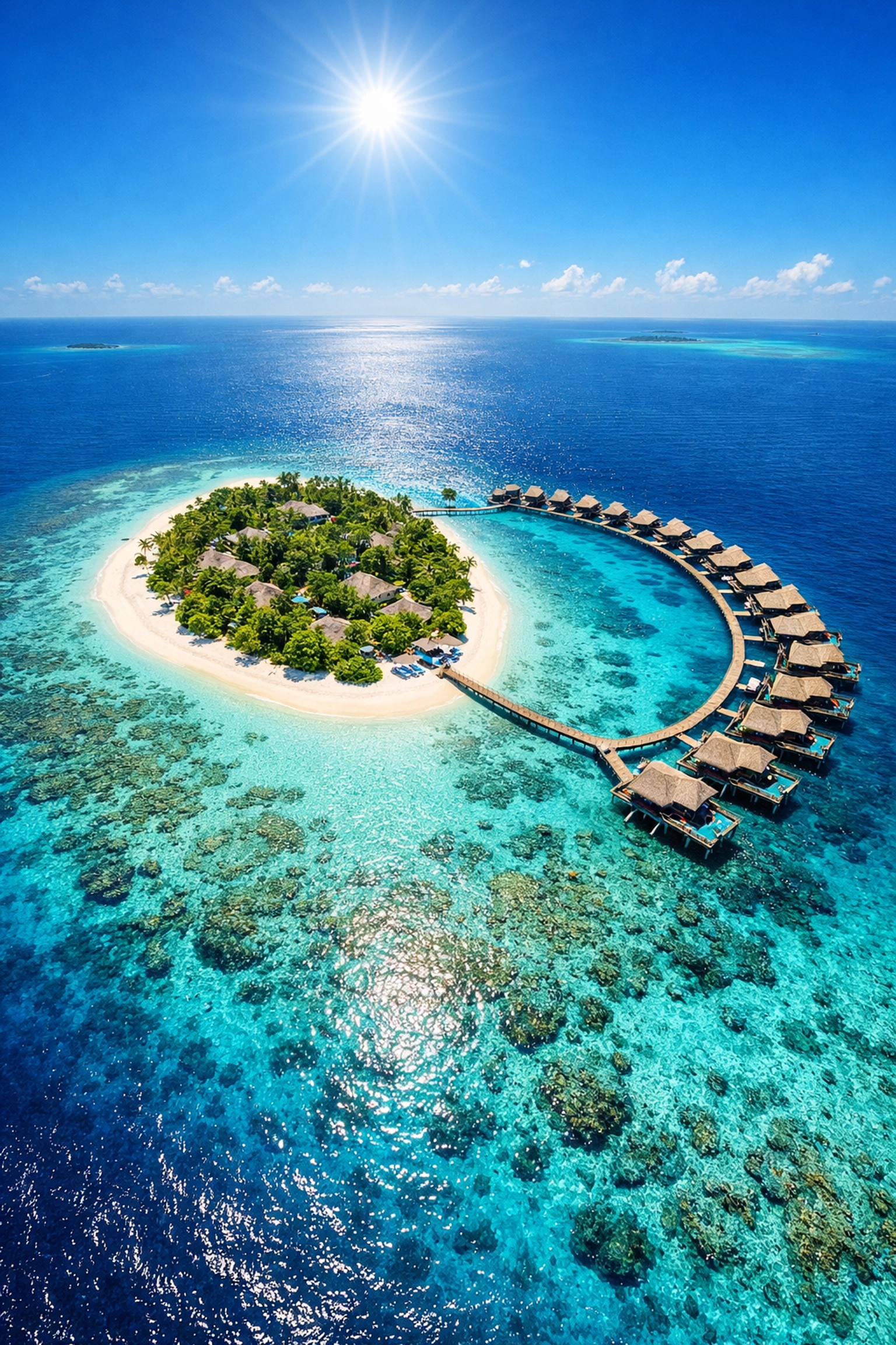 Aerial view of a private Maldives island resort with overwater bungalows and vibrant coral reef formations.