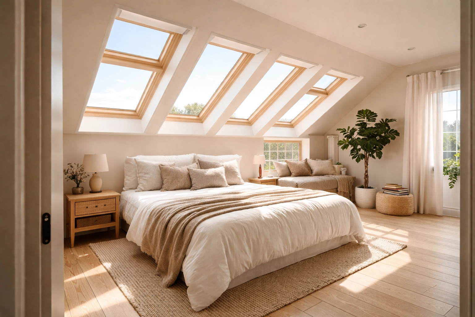 Bright loft conversion bedroom in Bournemouth with roof windows and modern cozy decor
