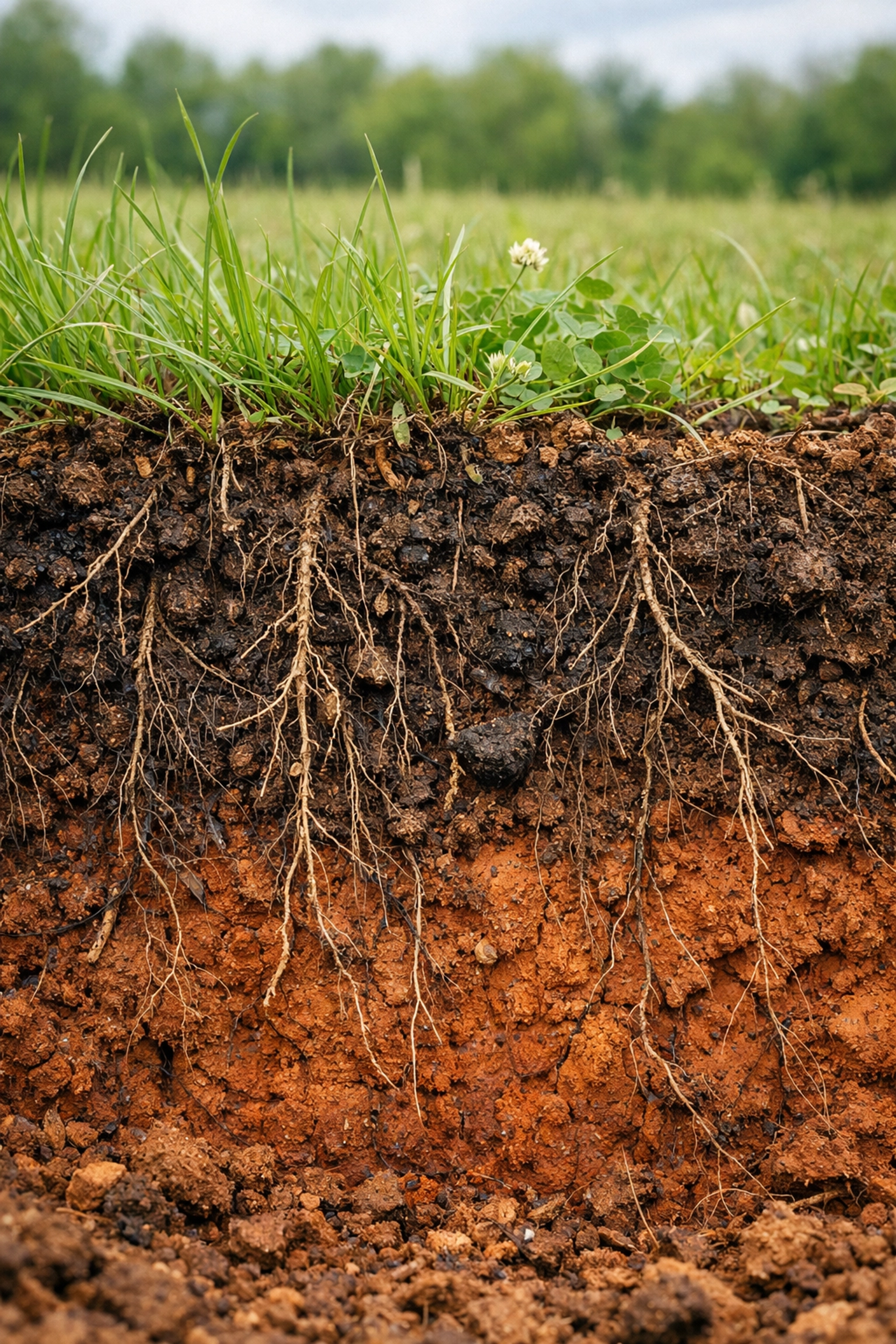 Healthy pasture grass root system in North Carolina Piedmont clay soil