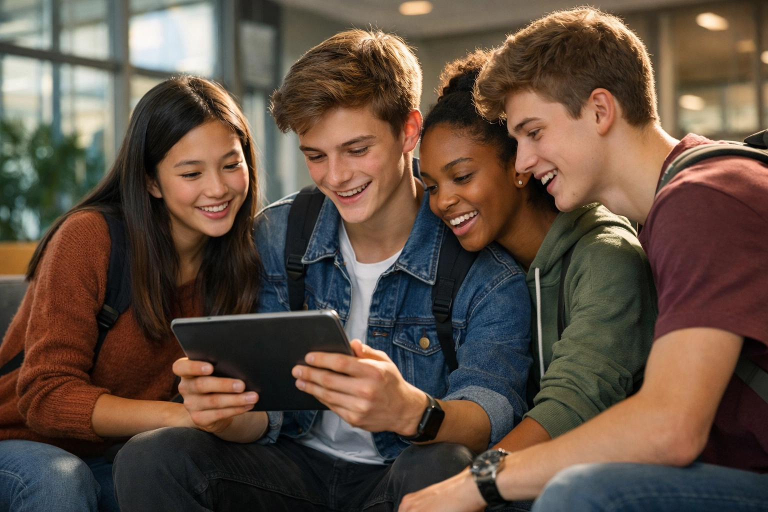 High school students engaging with digital media on a tablet to showcase modern sports advertising and fan interaction.