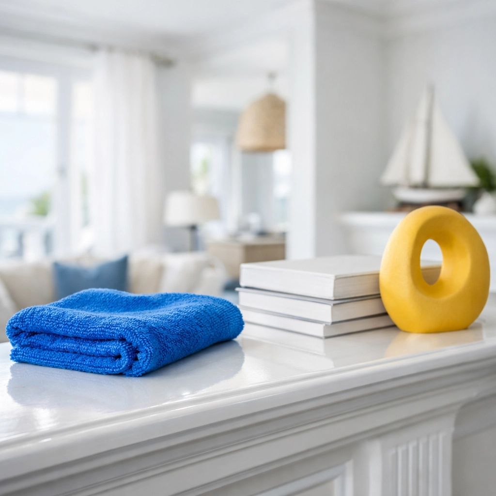Dust-free white mantelpiece with a blue microfiber cloth used for Marblehead residential cleaning.