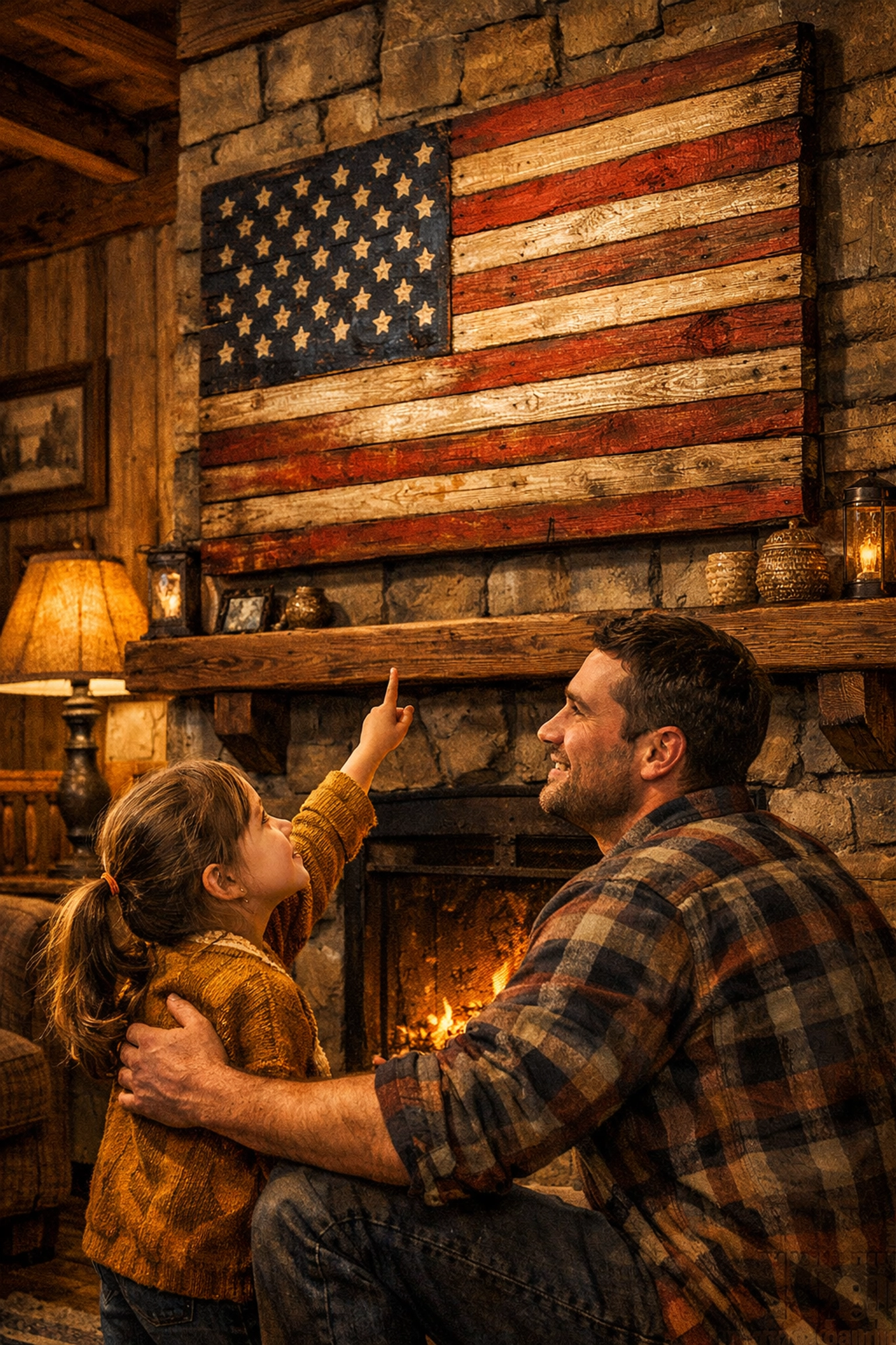 Father teaching daughter about wooden American flag displayed above living room fireplace