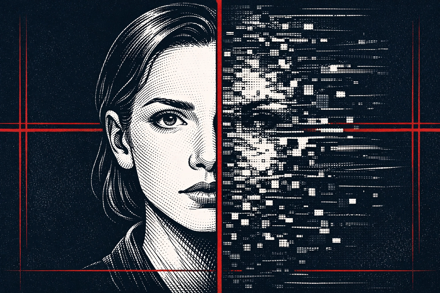 Human face transforming into digital pixels illustrating deepfake AI fraud technology