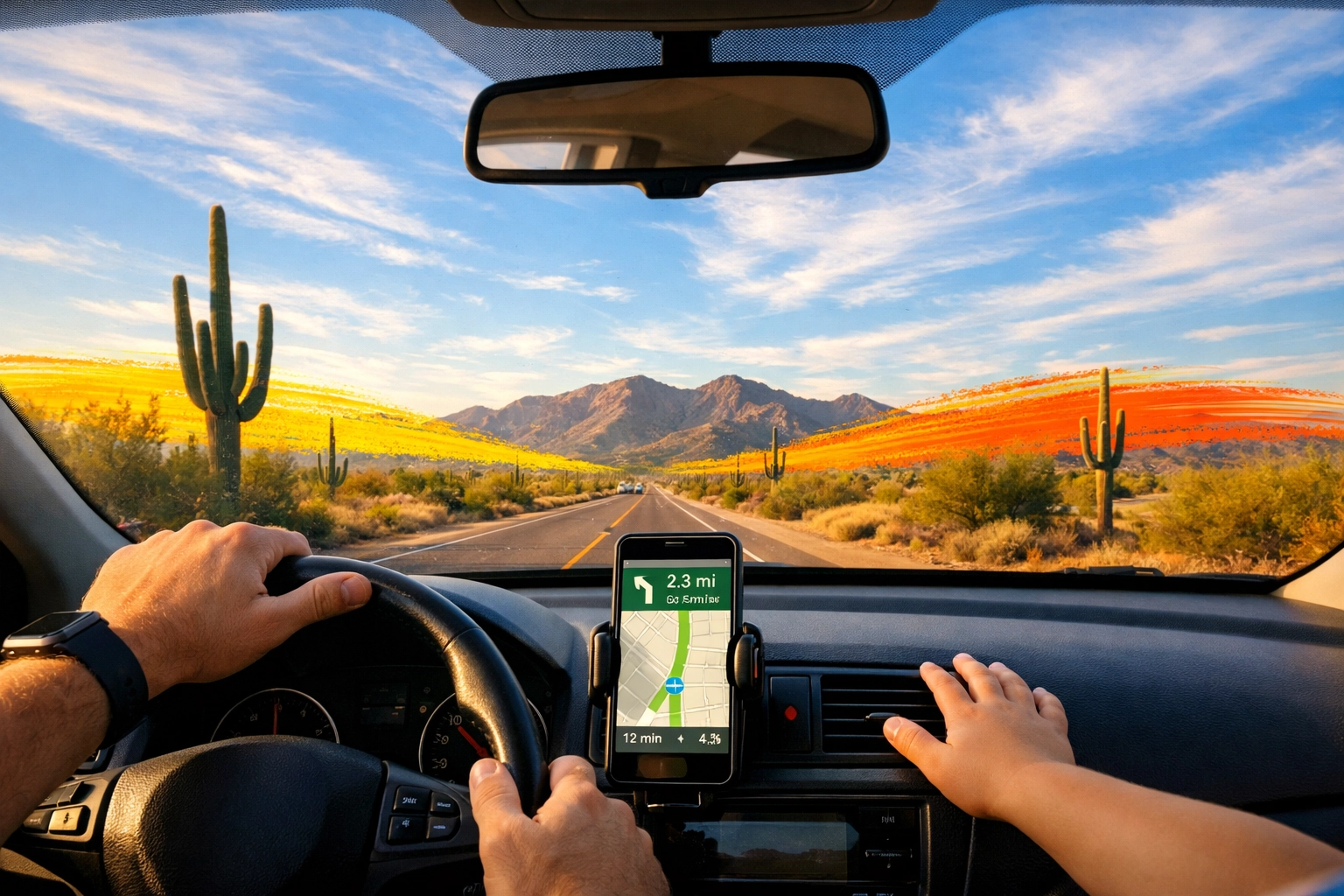 West Valley Arizona desert commute view with GPS navigation and mountain scenery