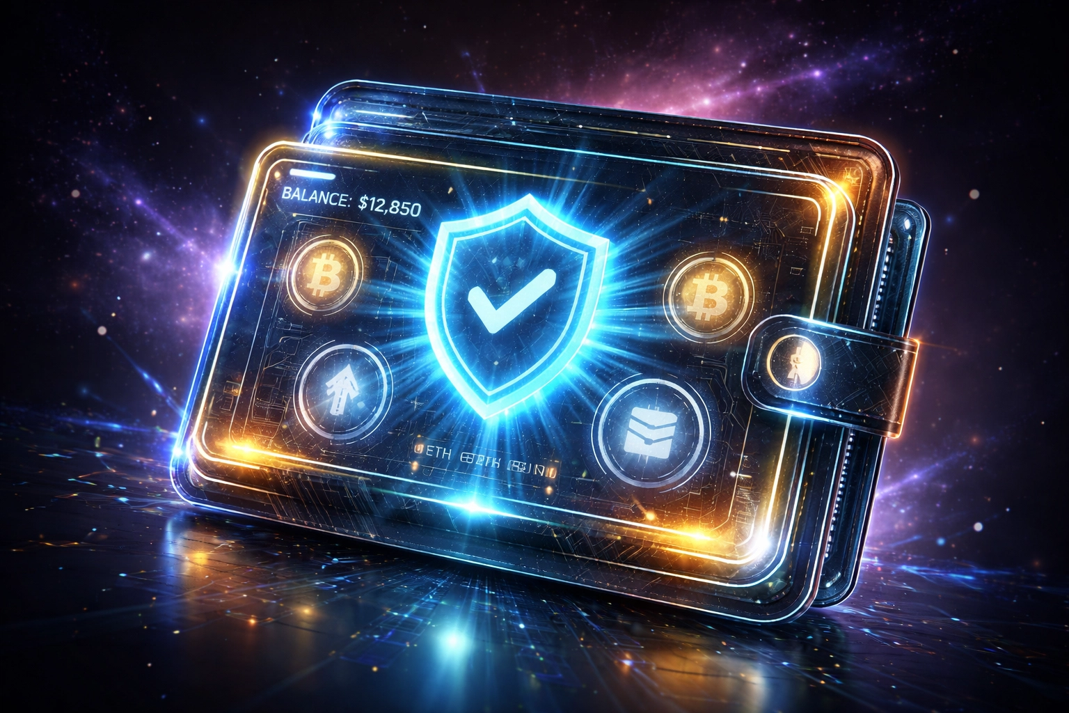 Futuristic digital smart wallet representing Larecoin self-custody and secure crypto payments for small business.