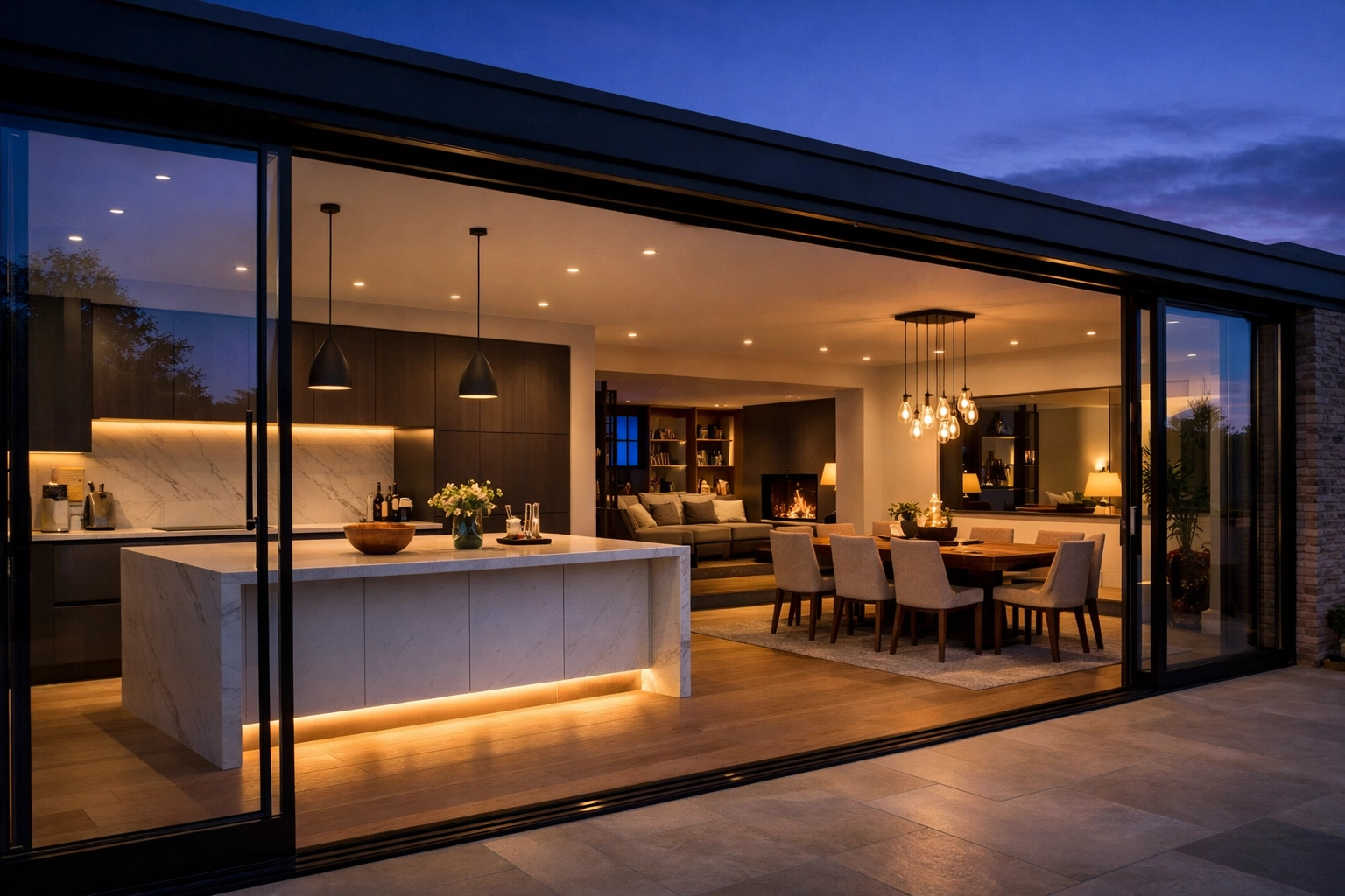 High-end ground-floor renovation in Chichester with zoned kitchen-diner and modern lighting.