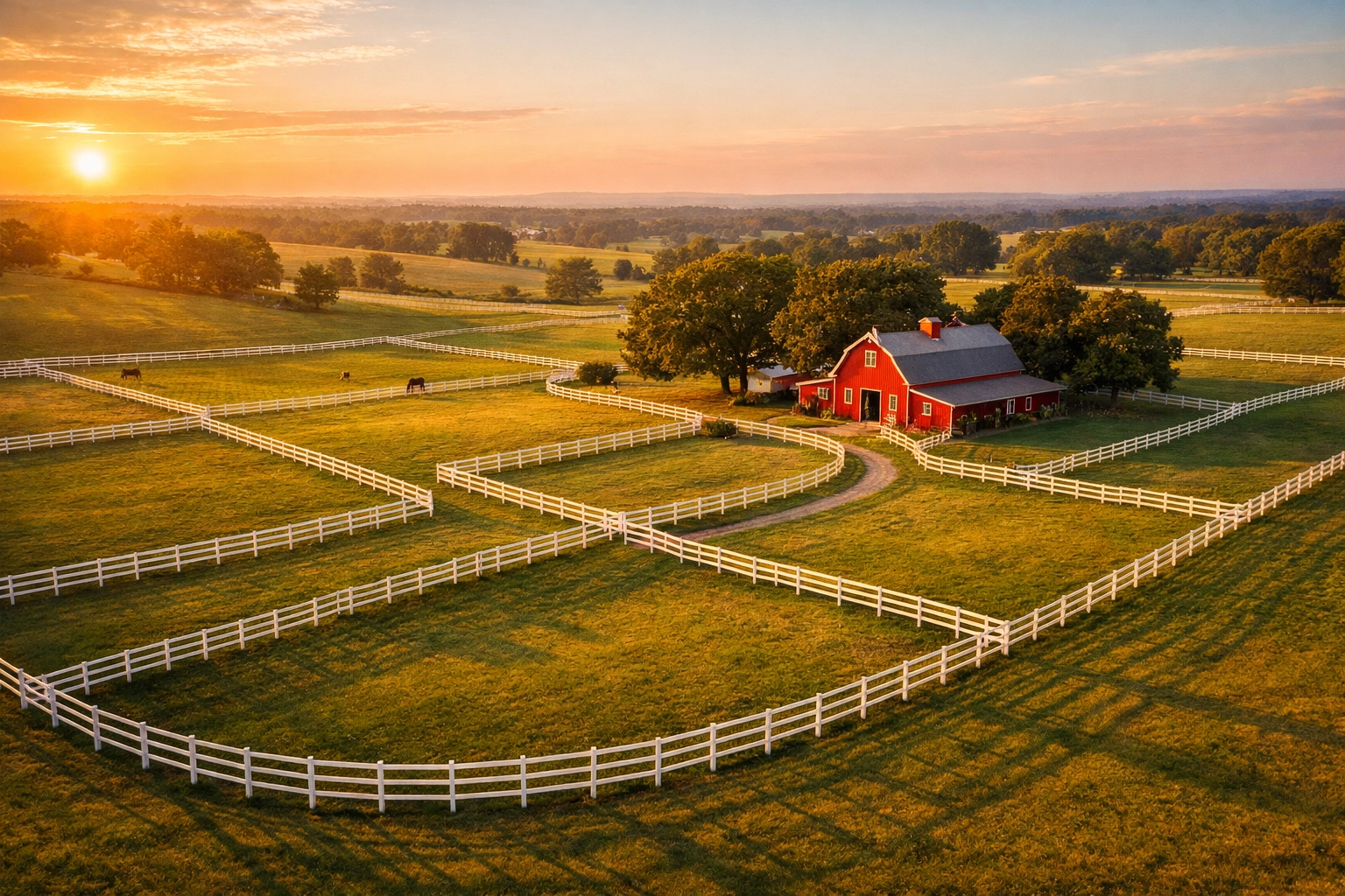 Aerial view of well-maintained horse farm in Waxhaw NC with fenced pastures and red barn