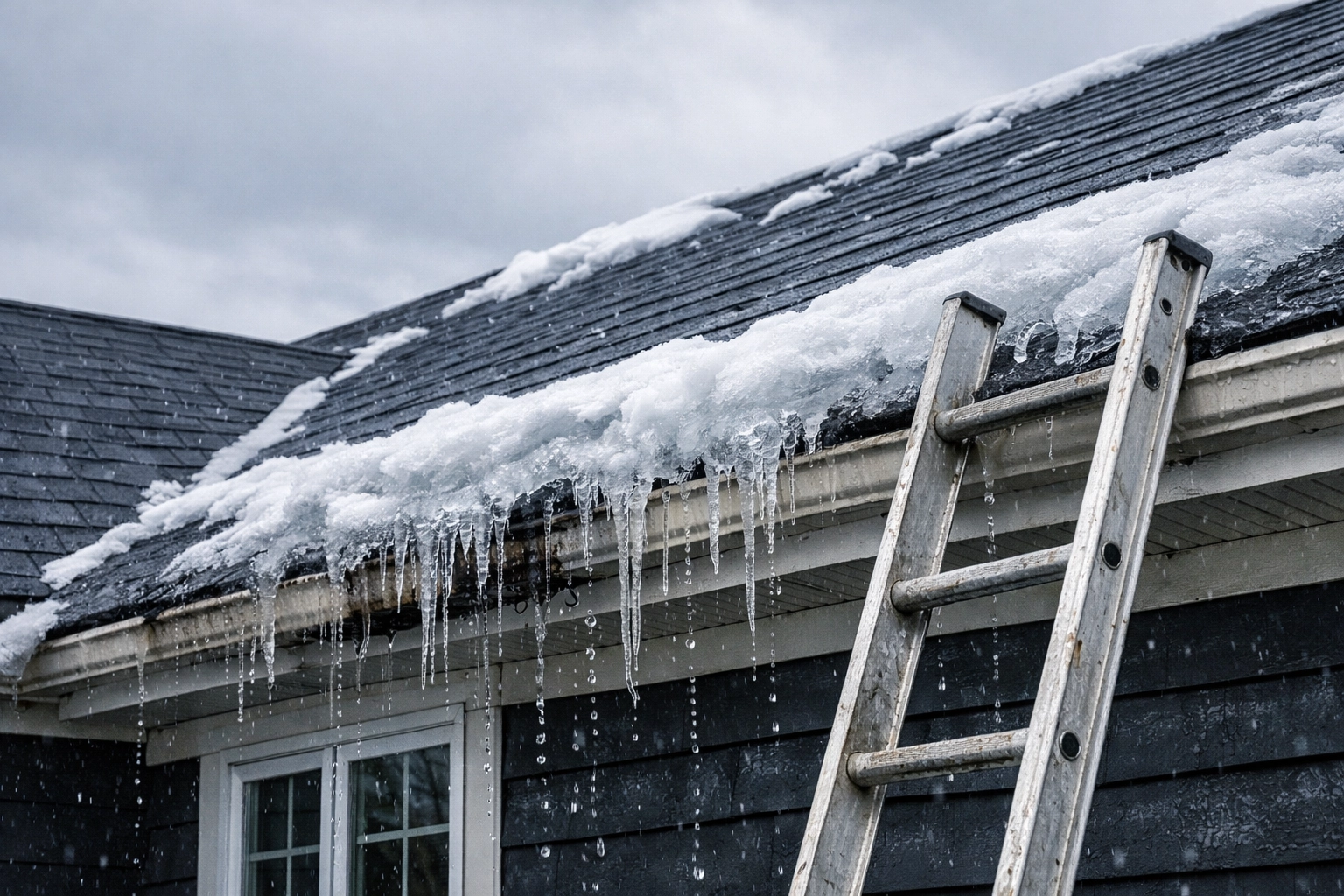 Ice dam and melting snow on coastal NC home roof causing water damage risk