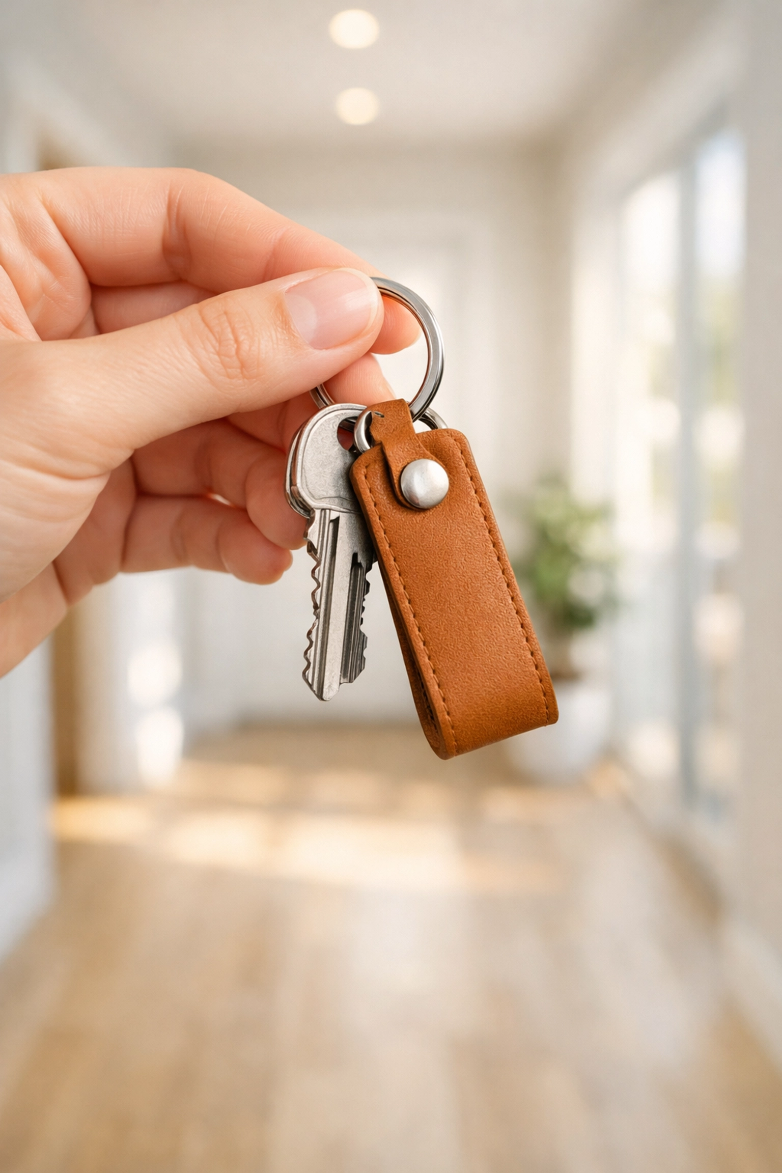 Close-up of new house keys in a sunlit home, signifying a successful and stress-free real estate closing.