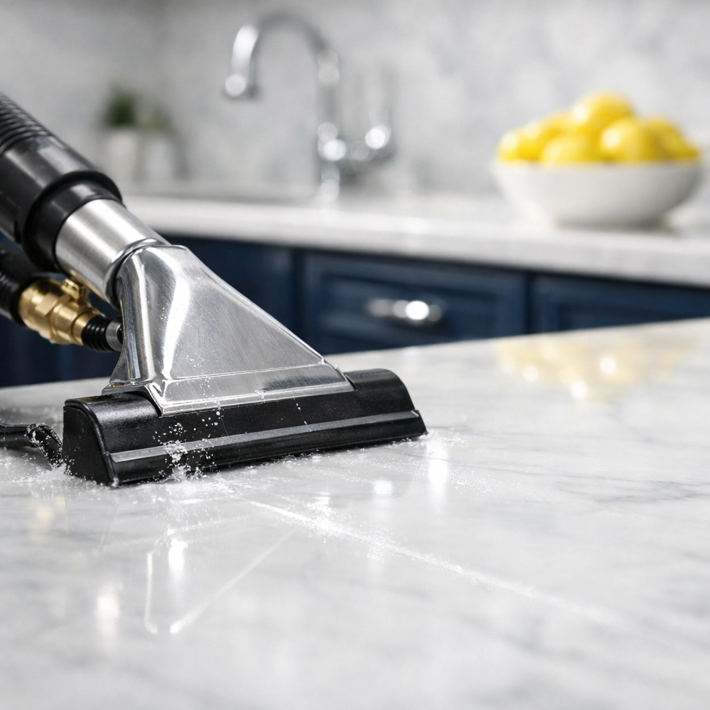 Professional house cleaning tools sanitizing a marble countertop for a streak-free Hopkinton home.