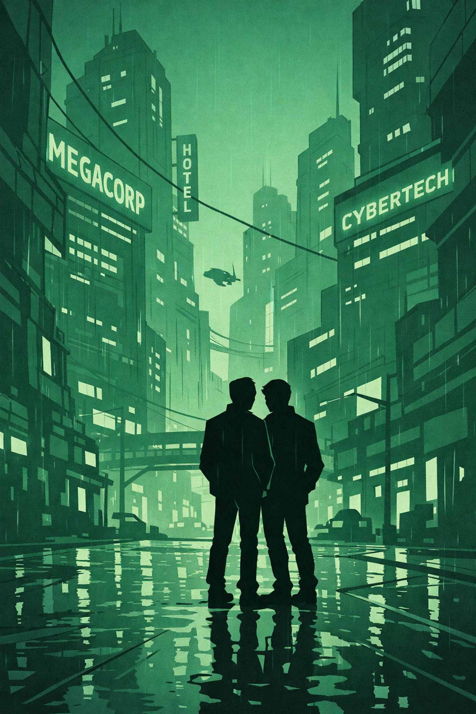 LGBTQ+ dystopian romance two men standing together on neon-lit rain-soaked cyberpunk city street