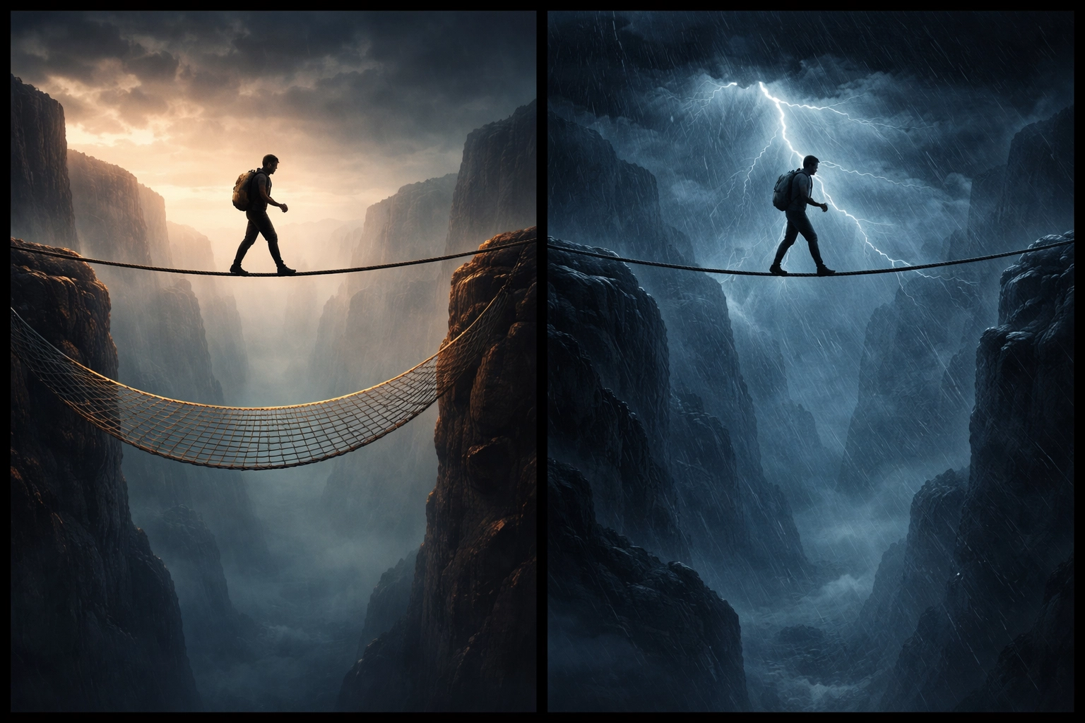 A figure walking a tightrope safely and risking a storm, demonstrating managing investment risk and protection.