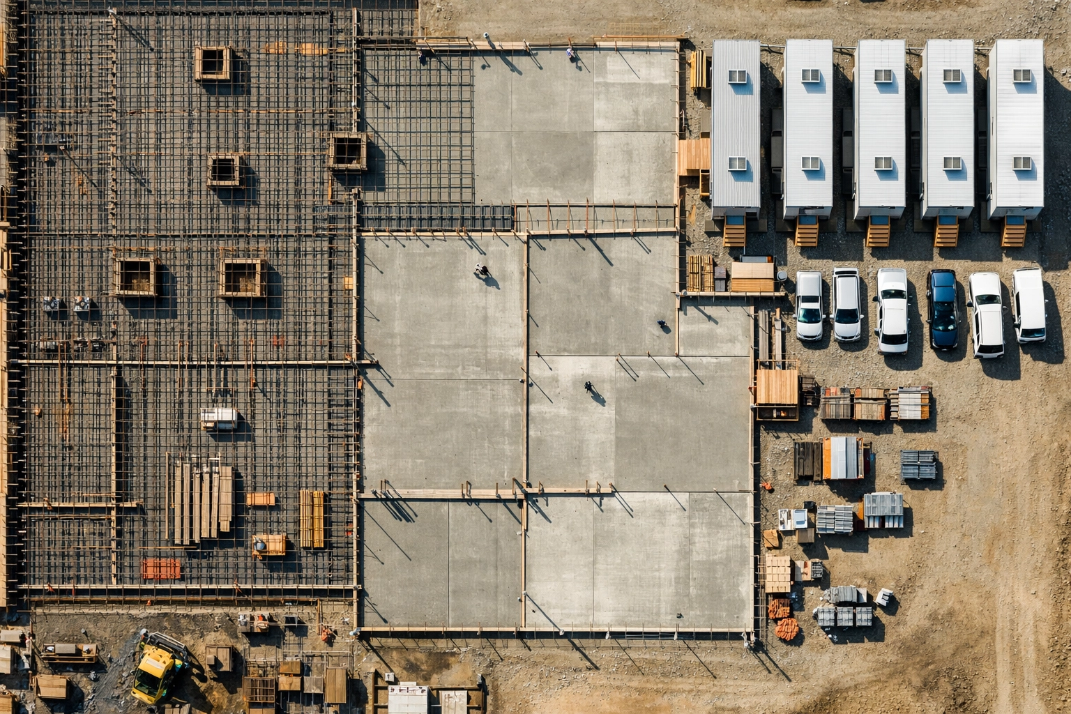 Top-down drone view of organized construction site progress photos showing concrete and rebar layout.