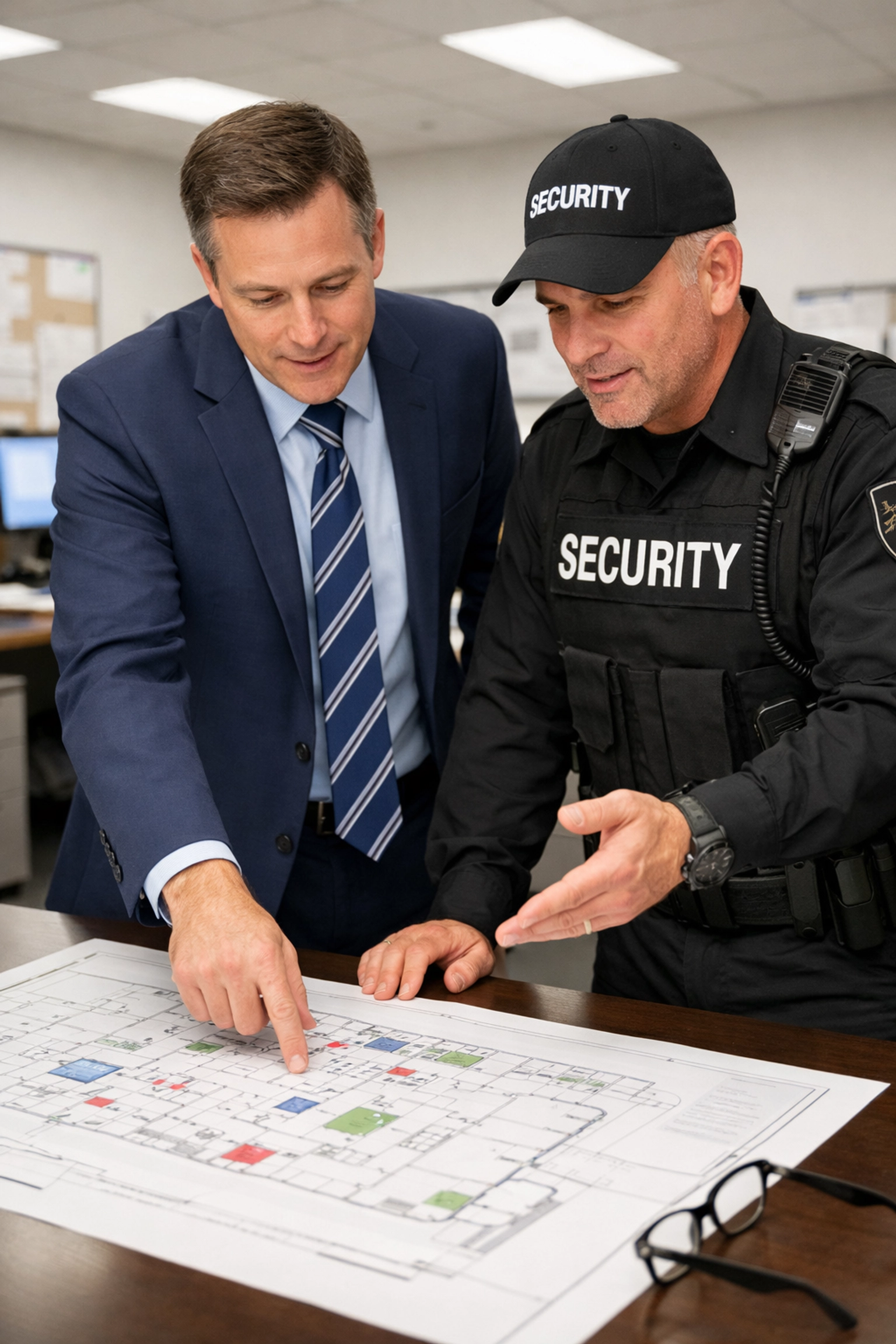 A retail manager and security consultant discussing a tailor-made security strategy for a UK business.