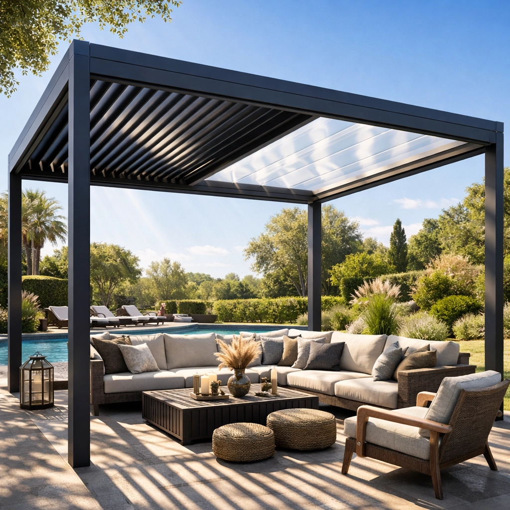 Modern hybrid louvre system with black aluminum frames and translucent polycarbonate panels.