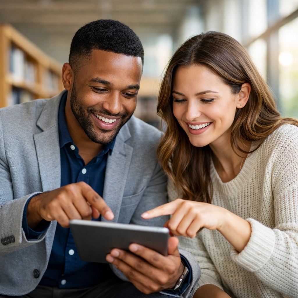 Diverse adult students in a library using DSST test prep to earn upper-level college credit.
