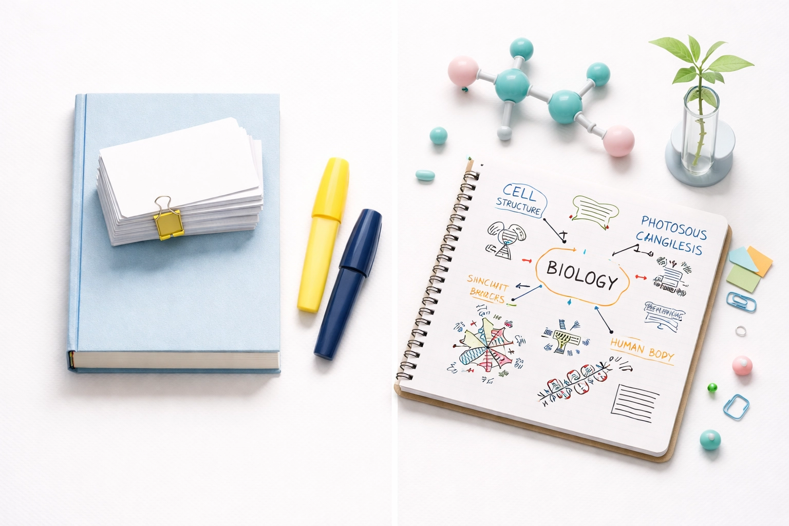 Side-by-side image of rote memorisation flashcards and deep understanding mind-maps with chemistry models, showing the path to true mastery.