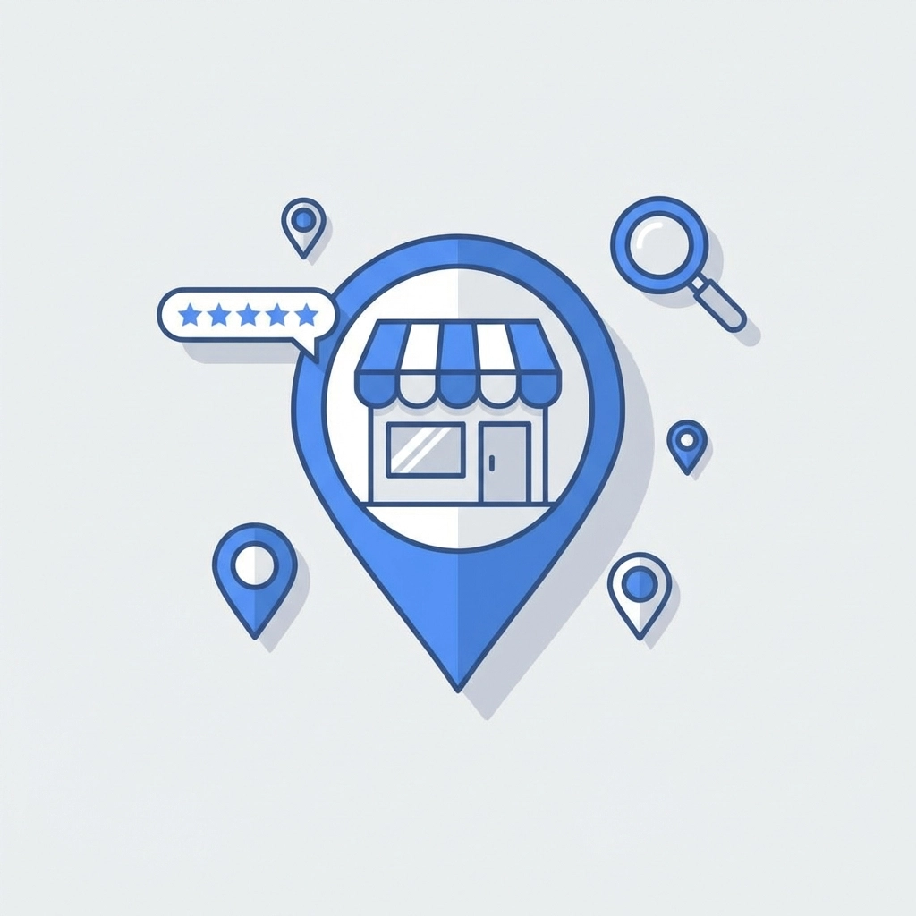 Vector image showing Google Maps pin, storefront, and local search icons for local business discovery