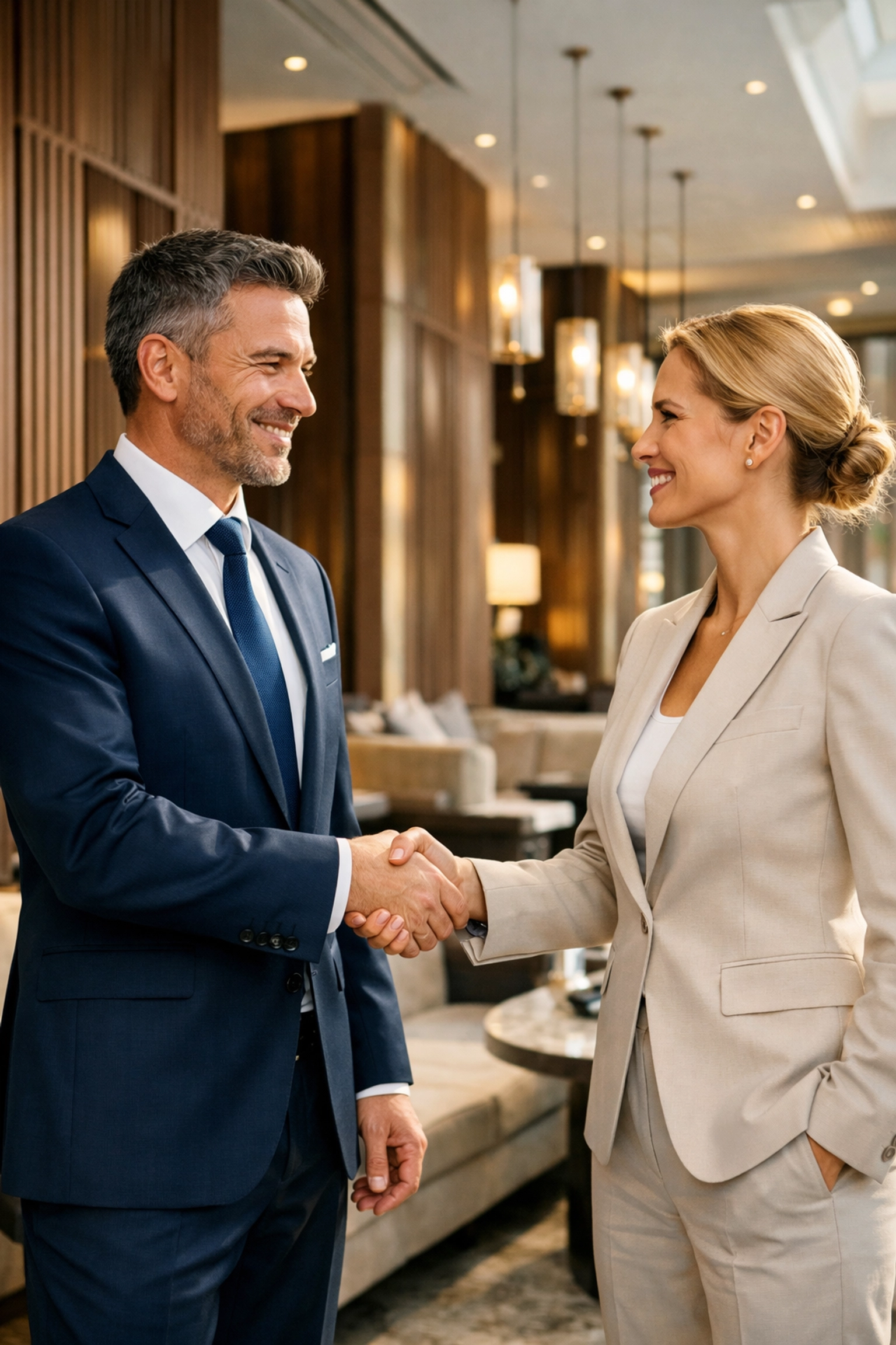 Business executives shaking hands in a VIP hospitality lounge during the Super Bowl.