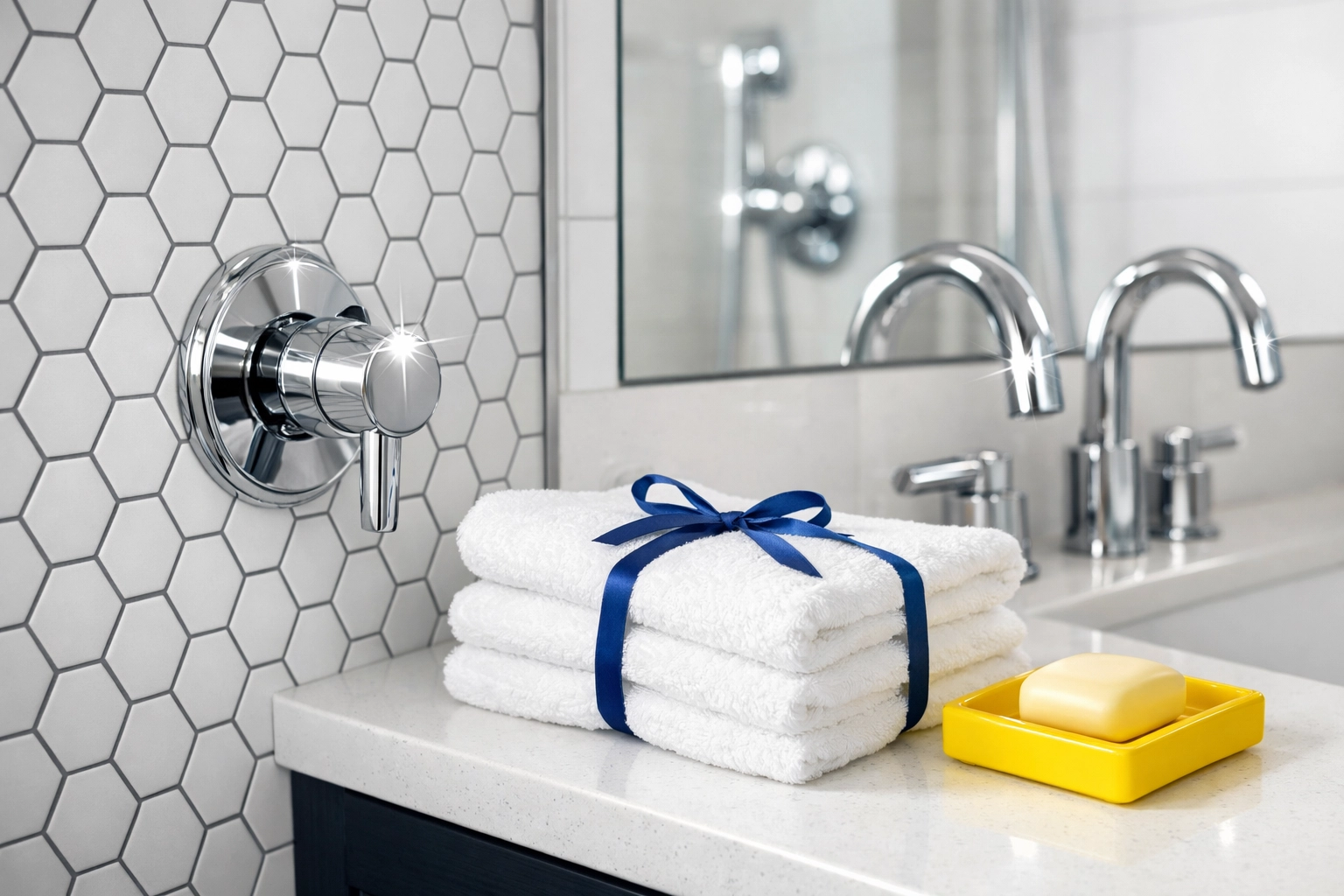 Detail of a sanitized luxury bathroom in Holliston showcasing professional deep cleaning results.