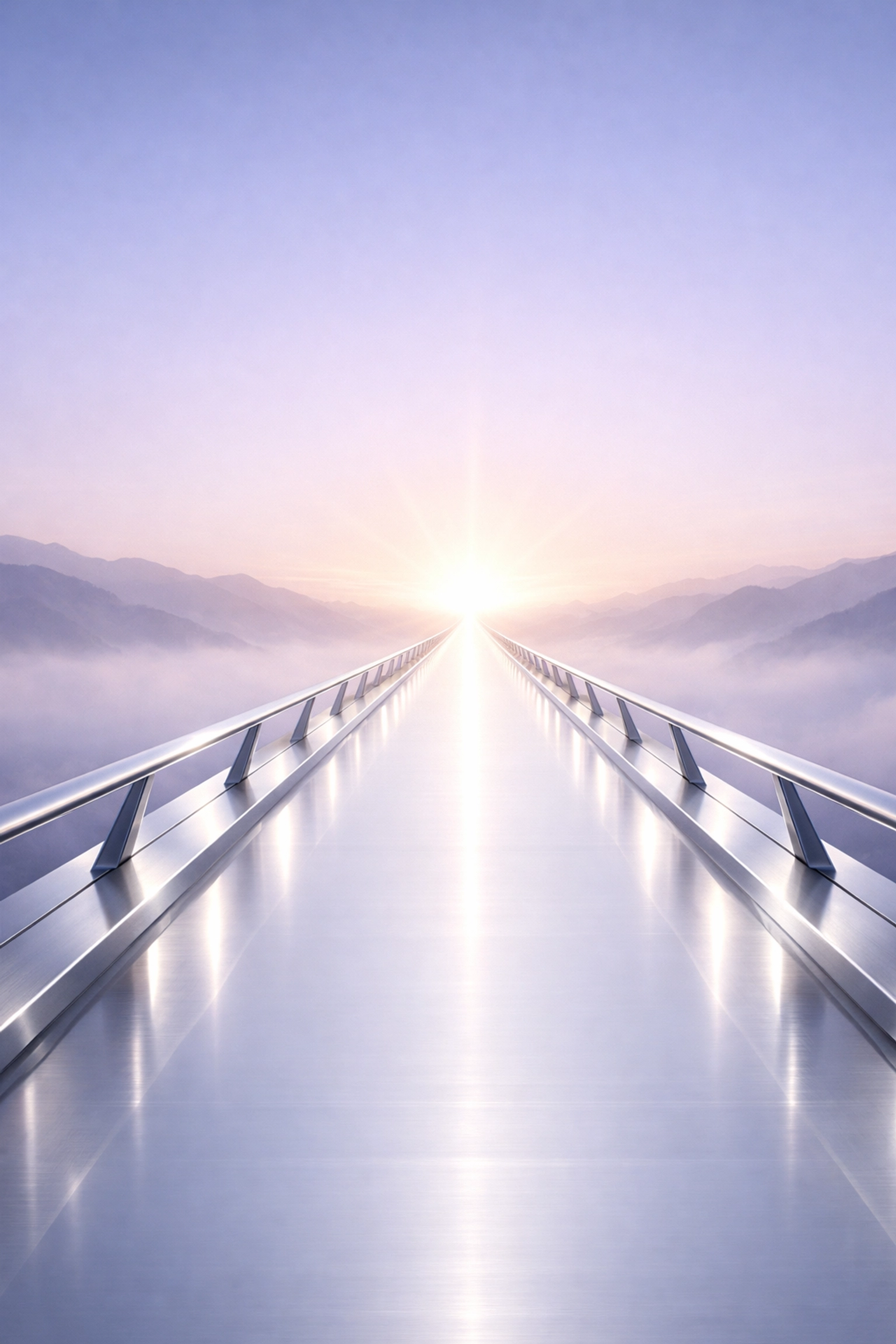 A long futuristic bridge toward a sunrise representing Canada’s real-time payment system evolution.