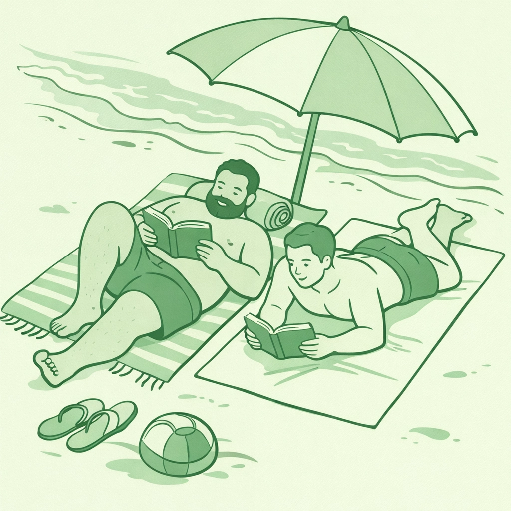 Two men reading together on naturist beach - MM fiction, body acceptance, and literary romance
