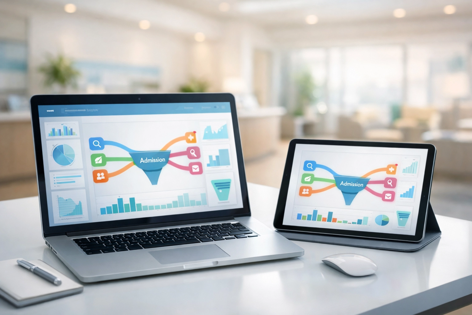 Marketing dashboard tracking multi-channel attribution paths for addiction treatment center admissions.
