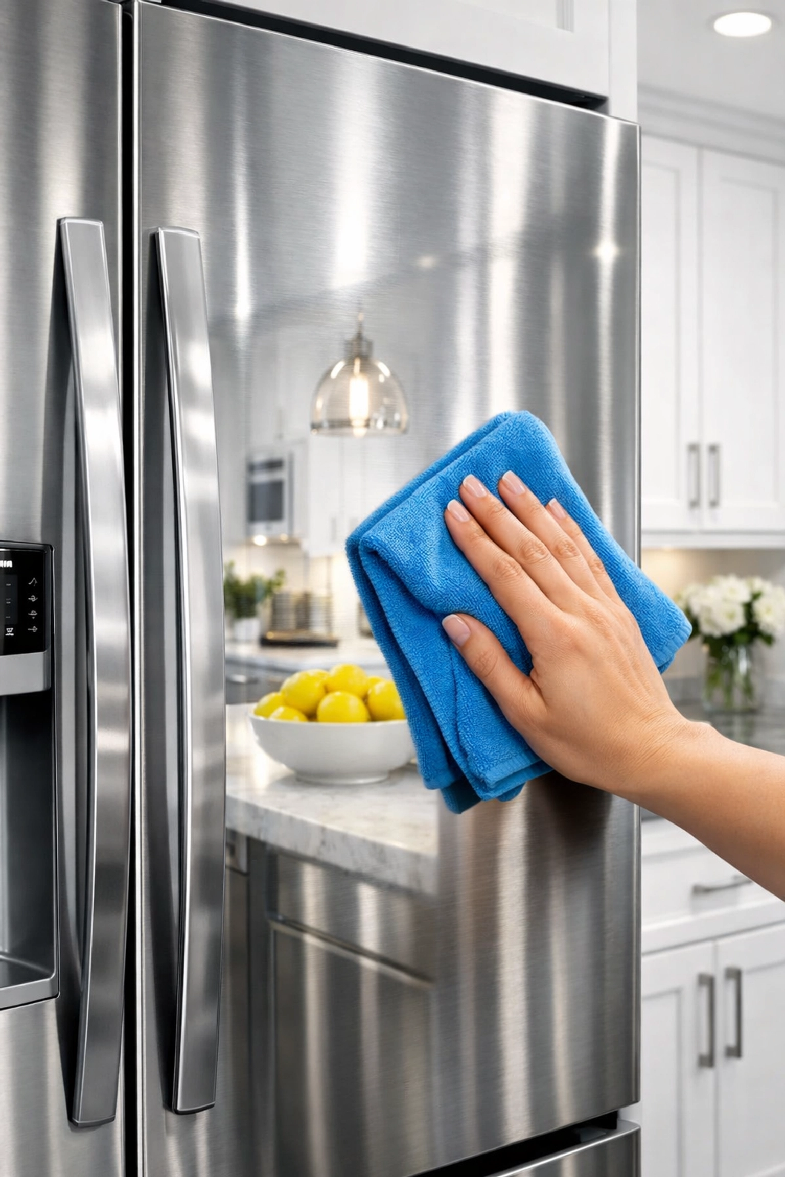 Using a blue microfiber cloth to clean a stainless steel appliance for a streak-free finish in an Acton kitchen.