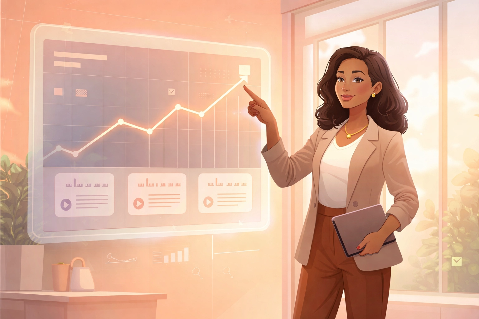 Business owner confidently reviewing growth forecasts on unified management platform