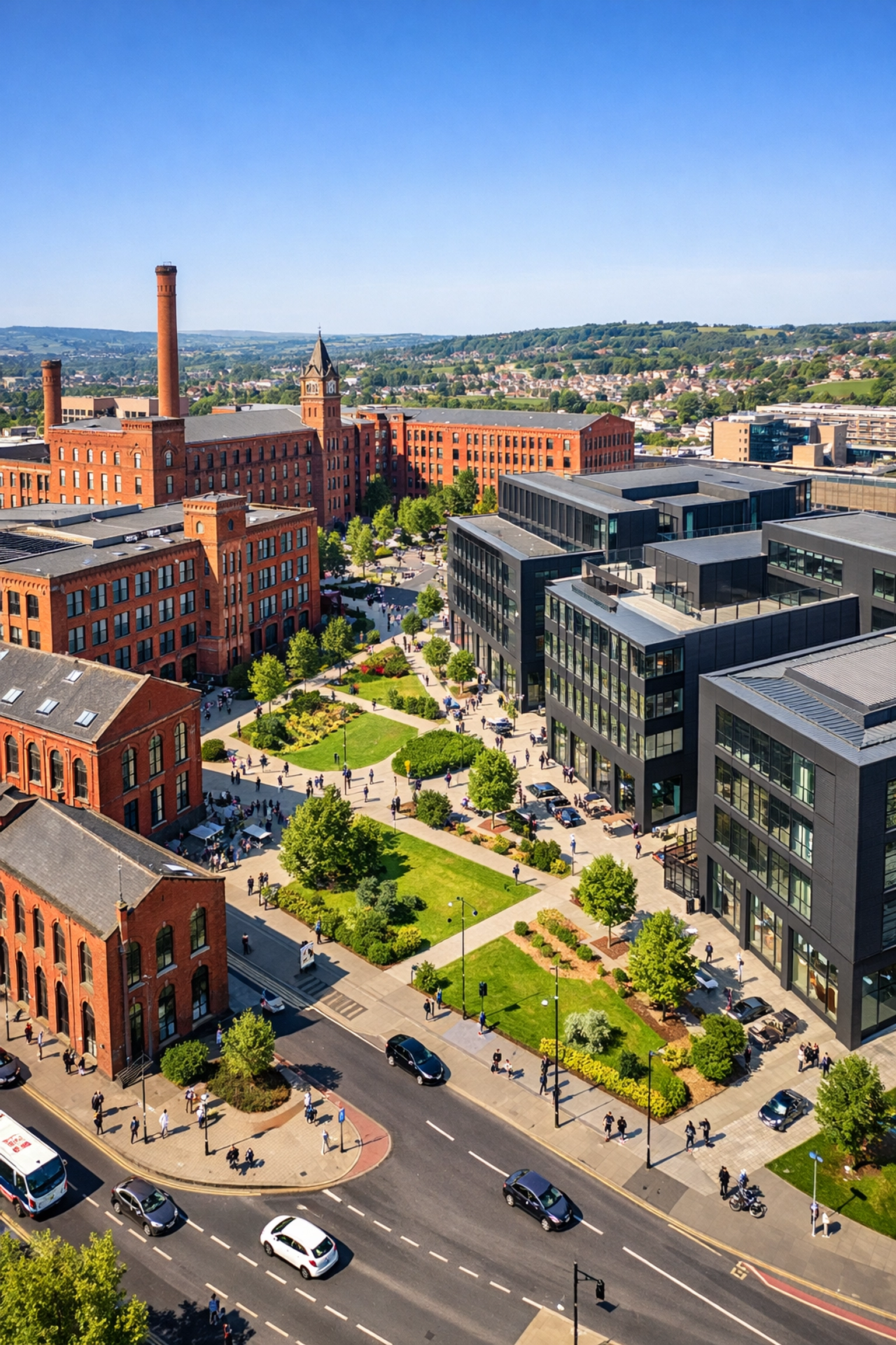 Aerial view of a revitalised industrial and commercial business area in Oldham.