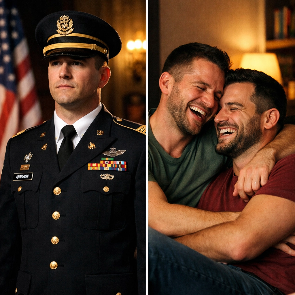 Gay soldier living double life - closeted in uniform versus authentic with male partner at home