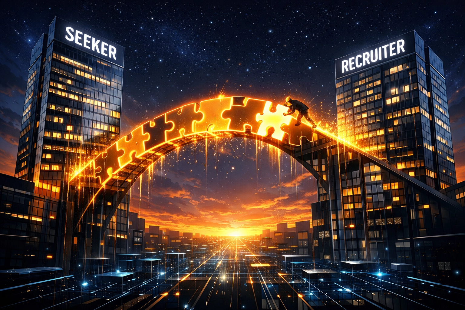 Metaphorical bridge connecting a job seeker and recruiter, representing a successful LinkedIn networking connection.