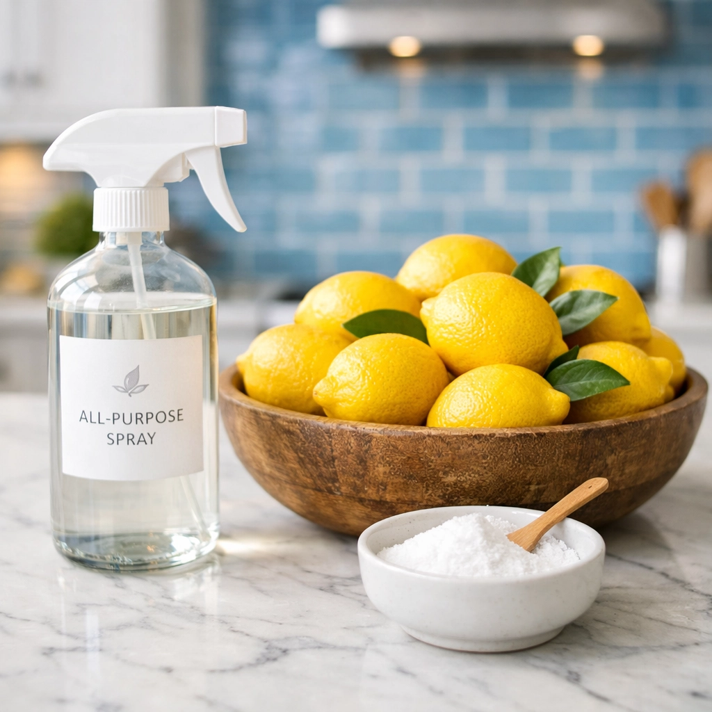 Natural cleaning ingredients like lemons and baking soda on a clean Fitchburg kitchen counter.
