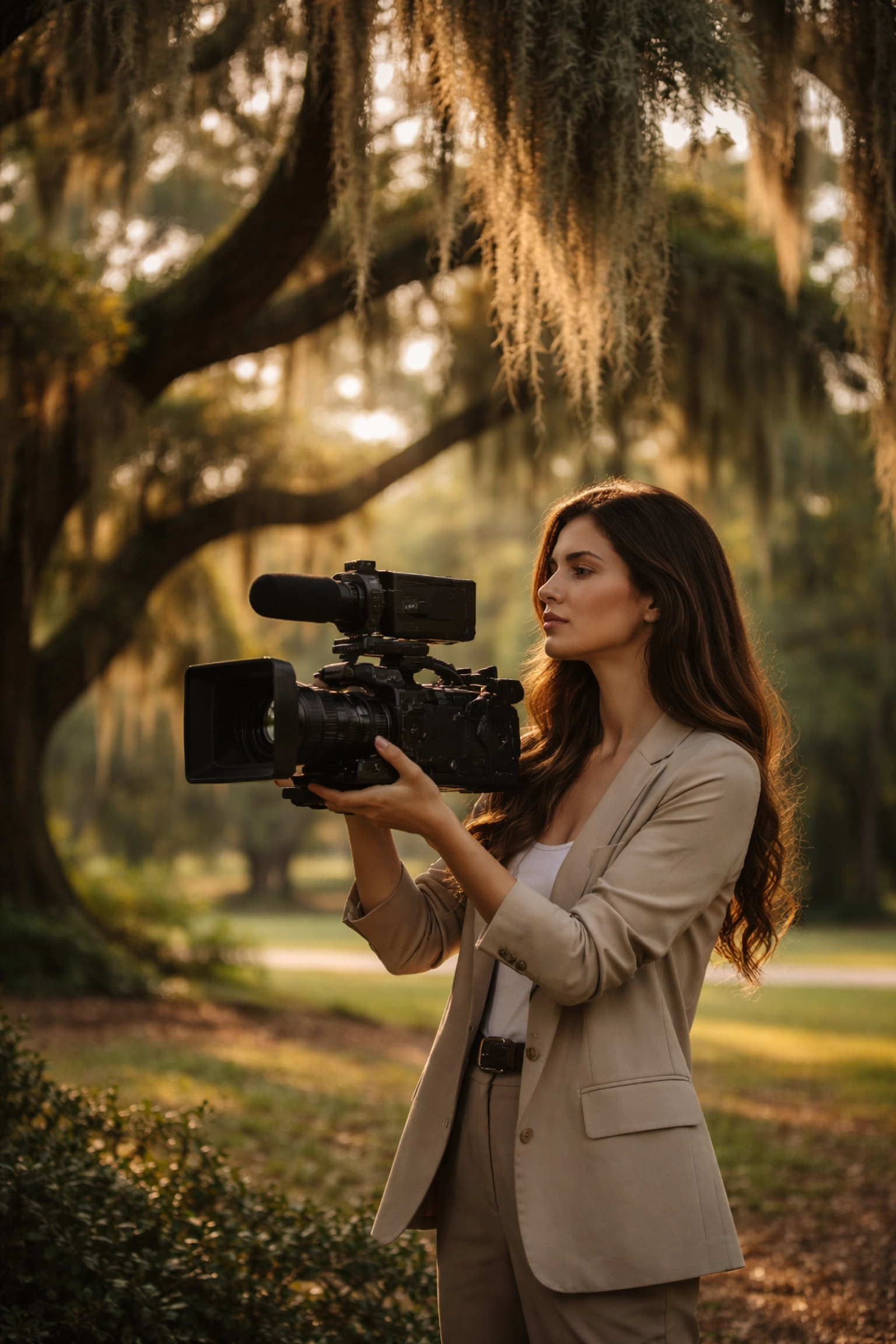 Female wedding videographer filming in New Orleans City Park under Spanish moss during golden hour, capturing cinematic wedding moments.