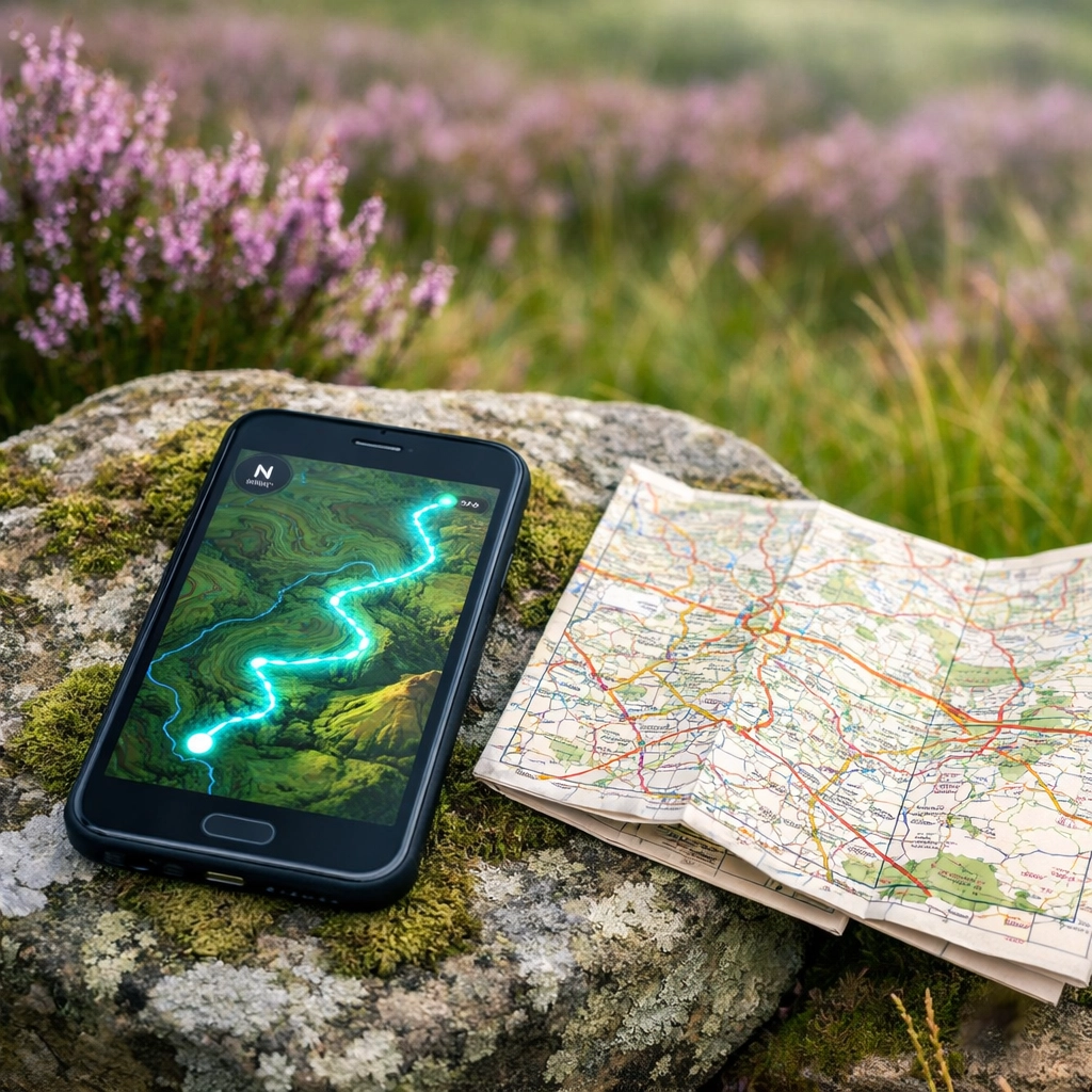 Phone GPS app beside paper map for UK wild camping route planning offline