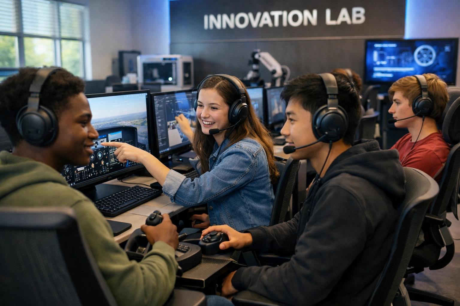 High school students using simulation technology and esports pods in a modern innovation lab.