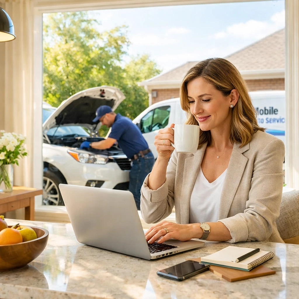 A woman works from home while a Green Bay mobile mechanic services her car in the driveway.