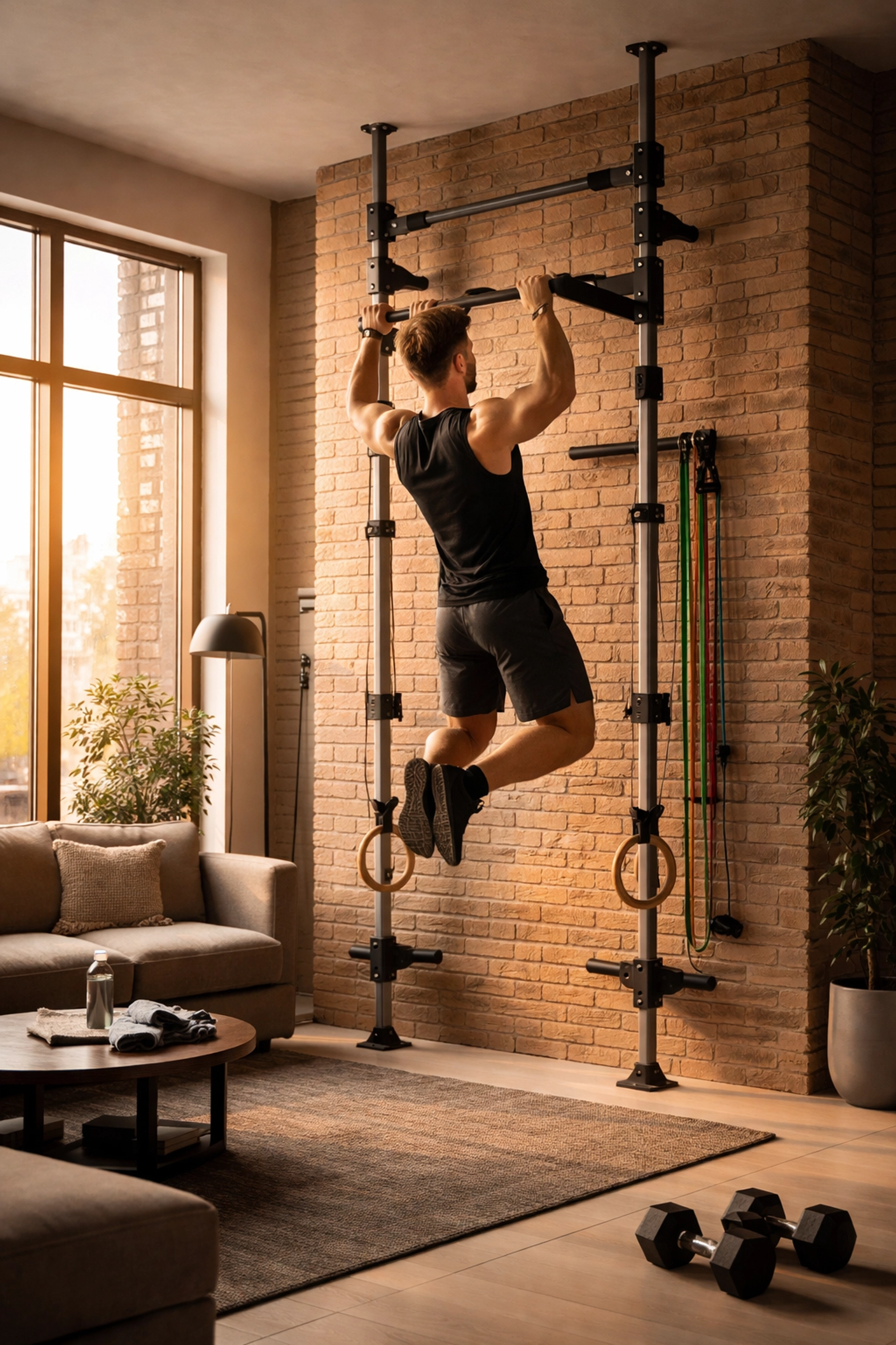 Modern floor-to-ceiling home gym system with pull-up bar, rings, and bands for versatile full body workouts at home
