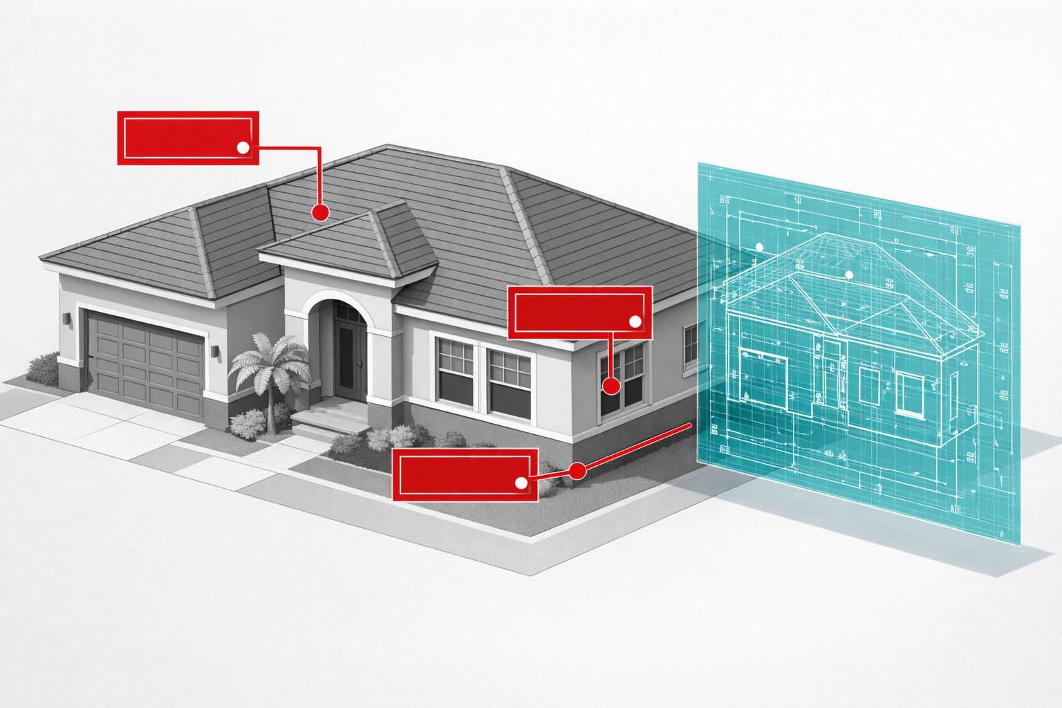 Isometric diagram of a Florida home undergoing a building code compliance audit for an expired permit.