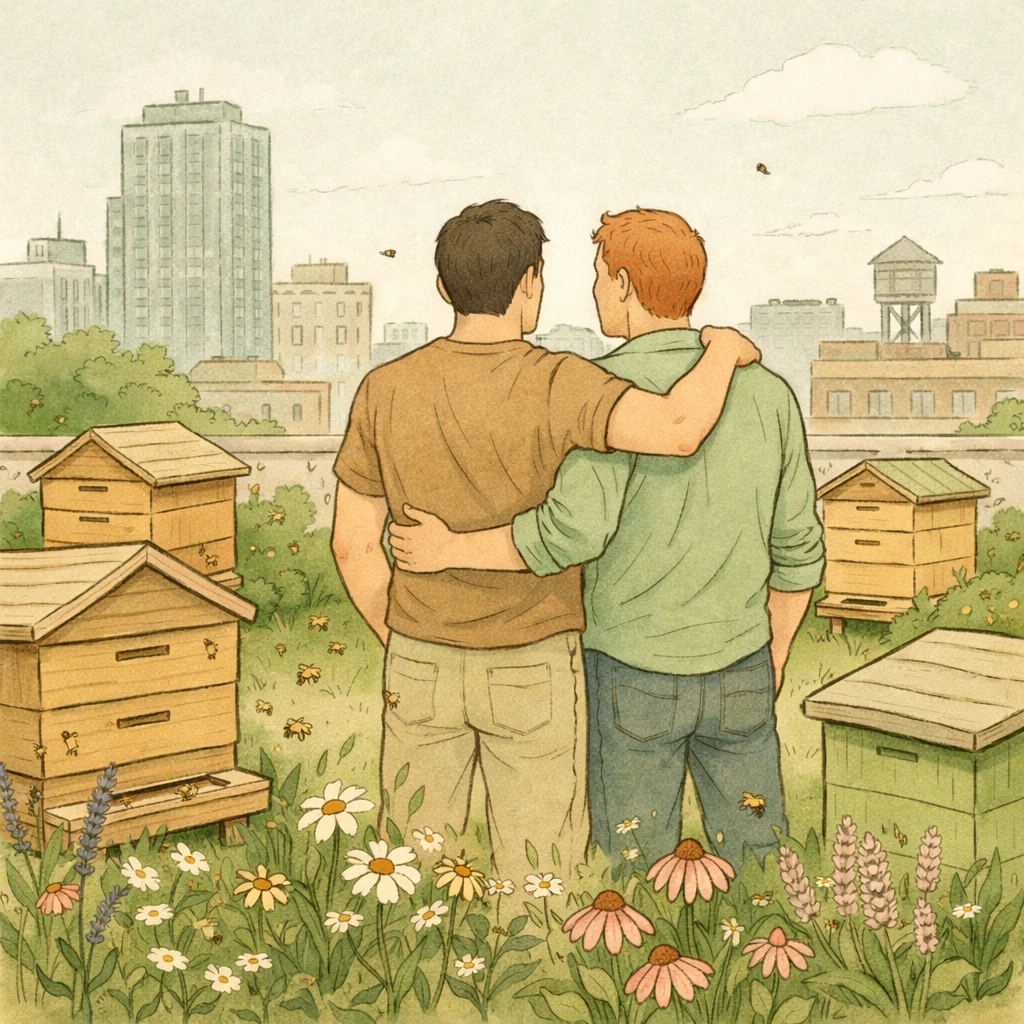 LGBTQ+ beekeepers at Pride Pollinators rooftop garden with hives and wildflowers