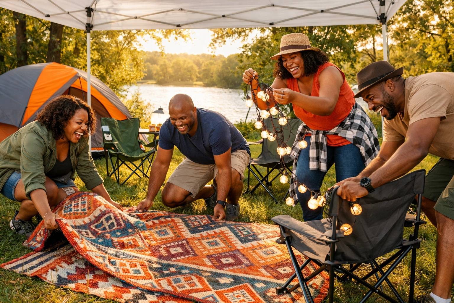 Black friends setting up a shared outdoor living space at a Melanated Campout group travel experience.
