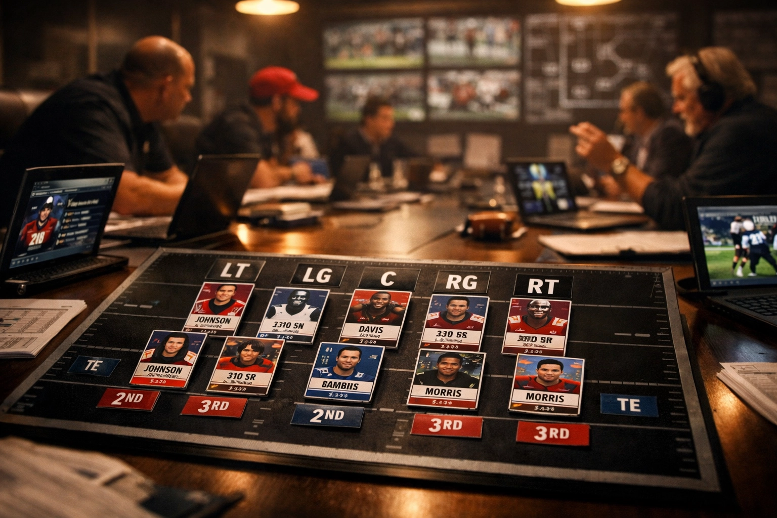 College football recruiting war room with scouting reports and depth charts for transfer portal evaluation