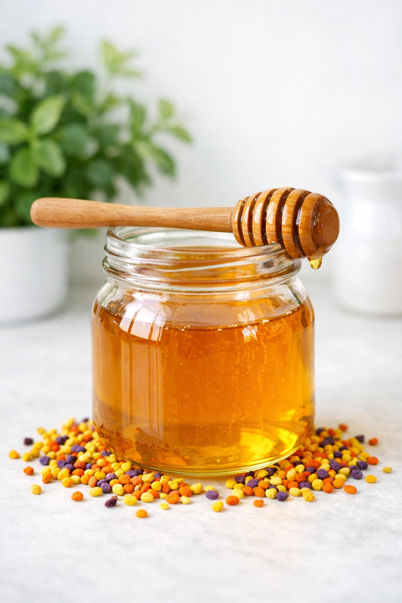 Moroccan honey and bee pollen granules, essential natural food supplements for daily energy.