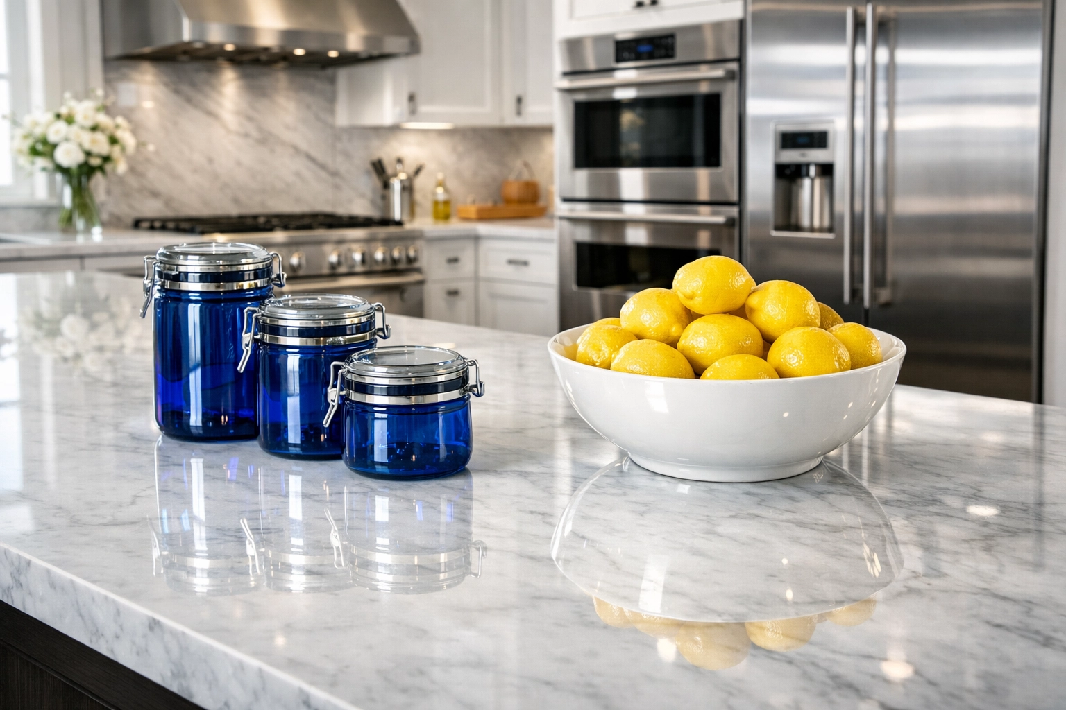 Polished marble kitchen island and stainless steel appliances after an eco-friendly bi-weekly cleaning service.