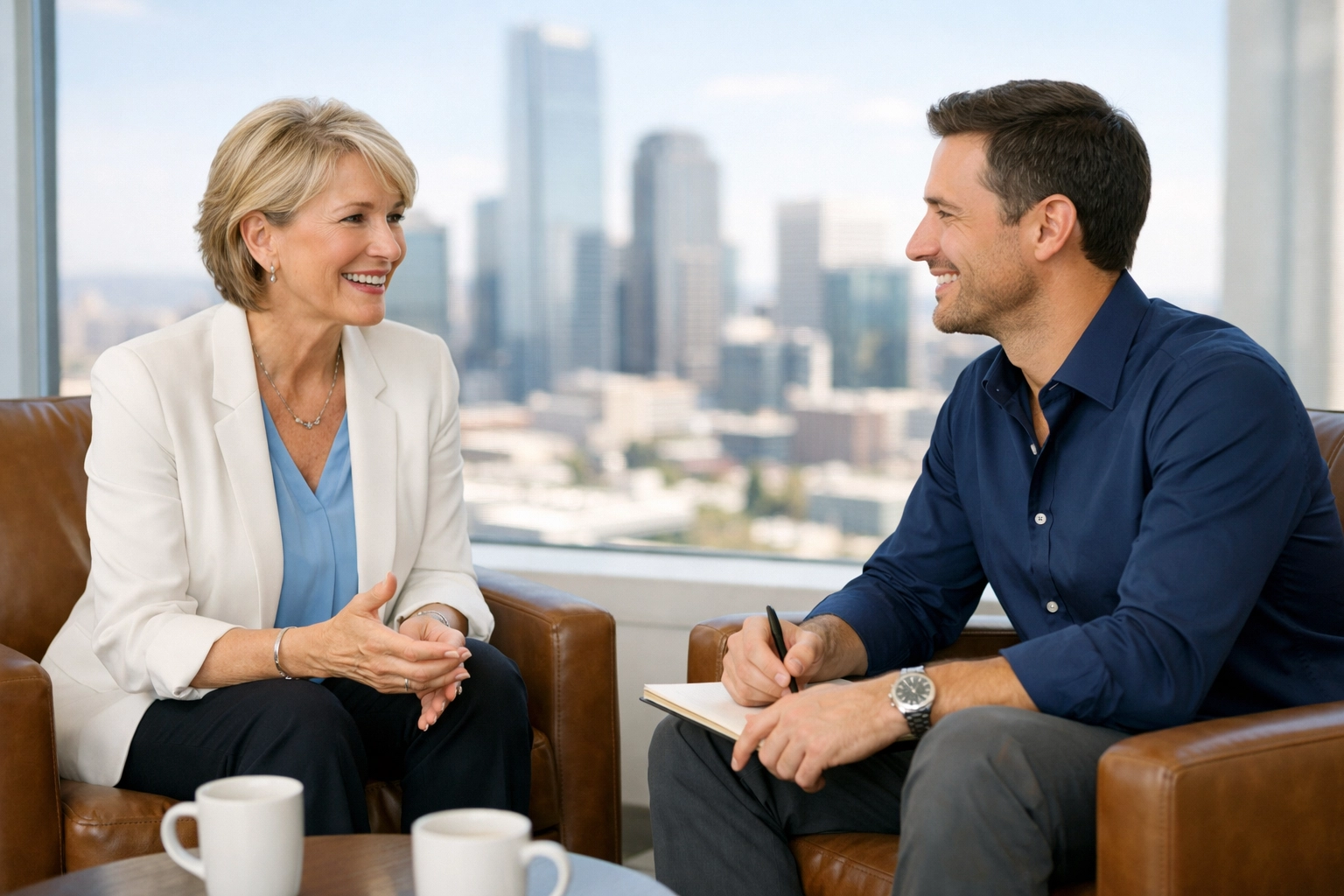 Personalized executive coaching session between a mentor and director overlooking a modern city skyline.