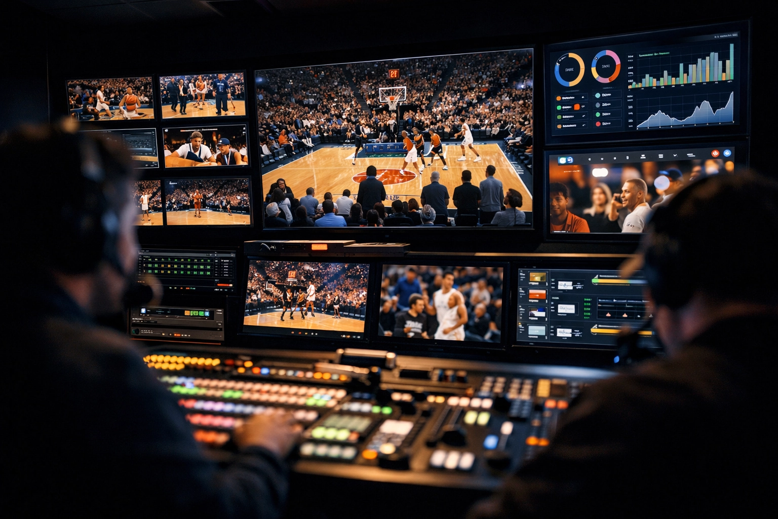 Professional broadcast control room managing live sports production and real-time advertising graphics.