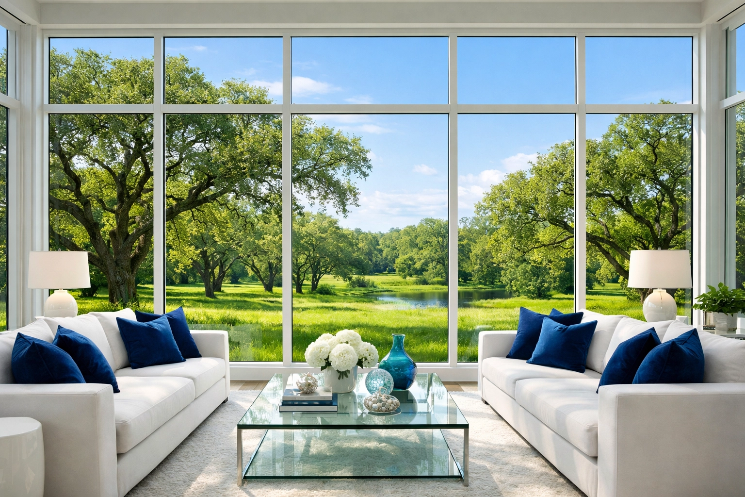 Sun-drenched luxury living room overlooking green Sudbury landscape, cleaned with eco-friendly products.